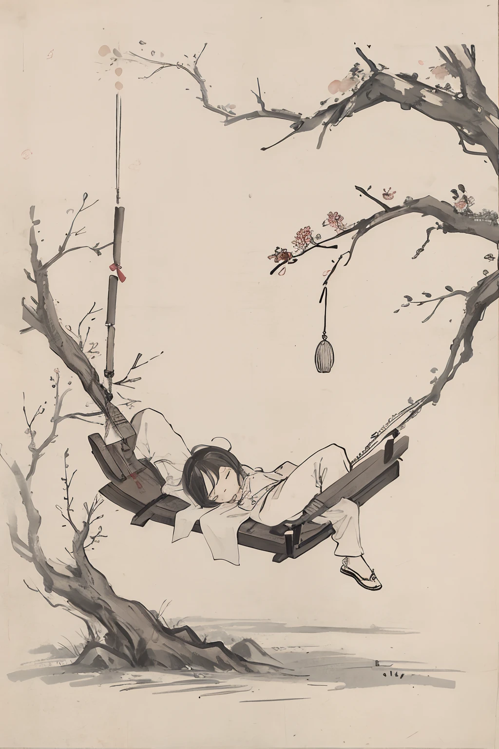 (tmasterpiece,best qualtiy:1.2),Tradition Chinese Ink Painting,The child fell asleep on a swing made of branches