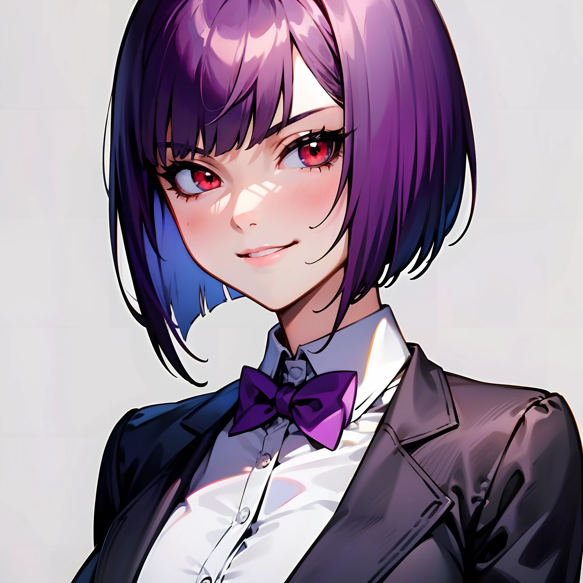 1girl, short purple hair, bob cut, red eyes, suit jacket, white shirt, black gloves, medium breast, smirk, solo, best quality, masterpiece, portrait, simple background, looking at the camera, from the front, 1result, vibrant, detailed, perfect anatomy, detailed art, high definition, 4k, high resolution