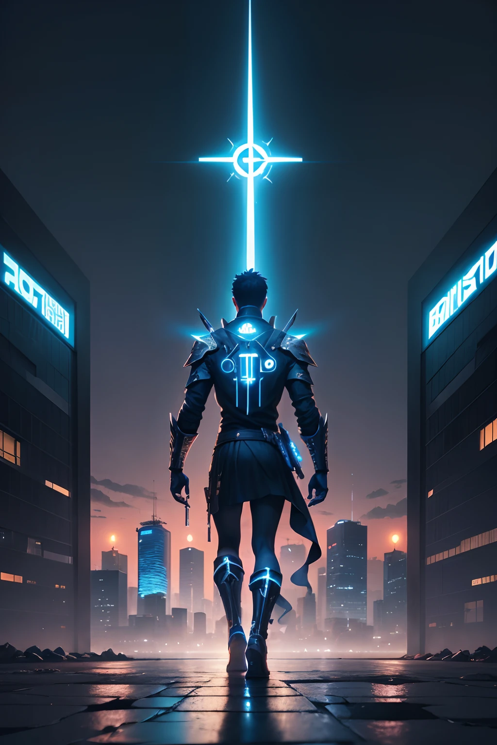 hombre de pie en plataforma en forma de cruz religiosa, azotea, adolescente, ciudad distopica de fondo, torre, Noche, cyberpunk hero, rayo de fondo, sosteniendo una espada azul, Arte del anime, portada de anime HD