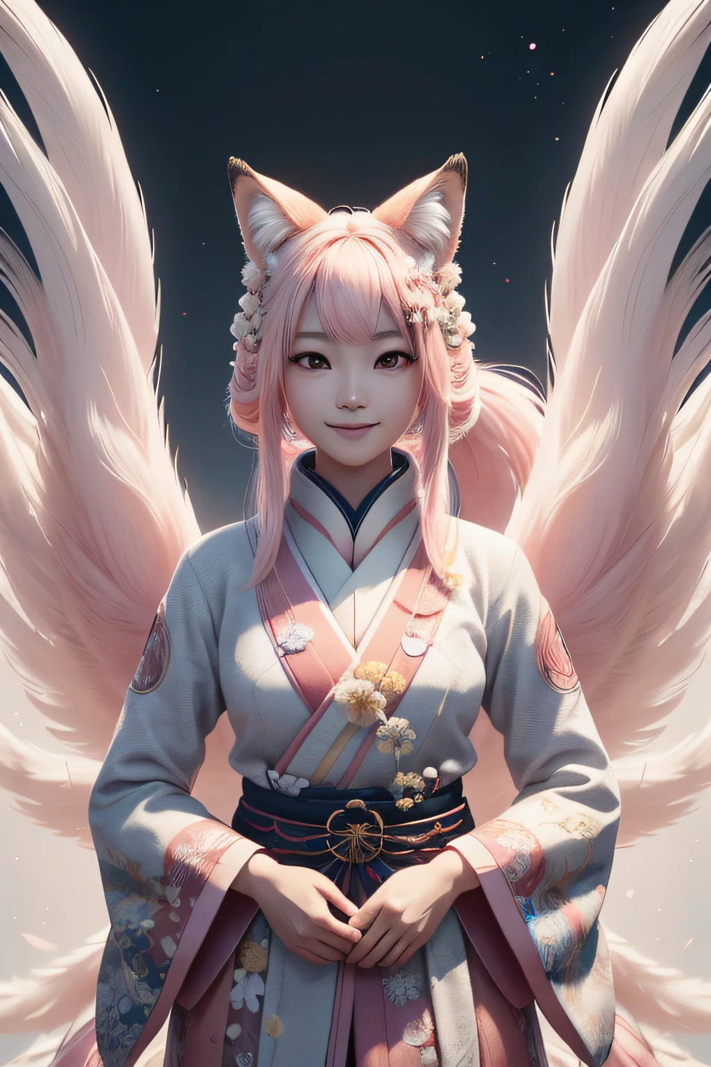 beautiful japanese young woman,Solo, Happy smiling official art, Unity 8k wallpaper, Ultra detailed, Beautiful and aesthetic, Beautiful, Masterpiece, Best quality, Kitsune witch, kitsune mask, Pink and white haori jacket, Foxfire spell, The fox is familiar, Transformation,Depth of field,