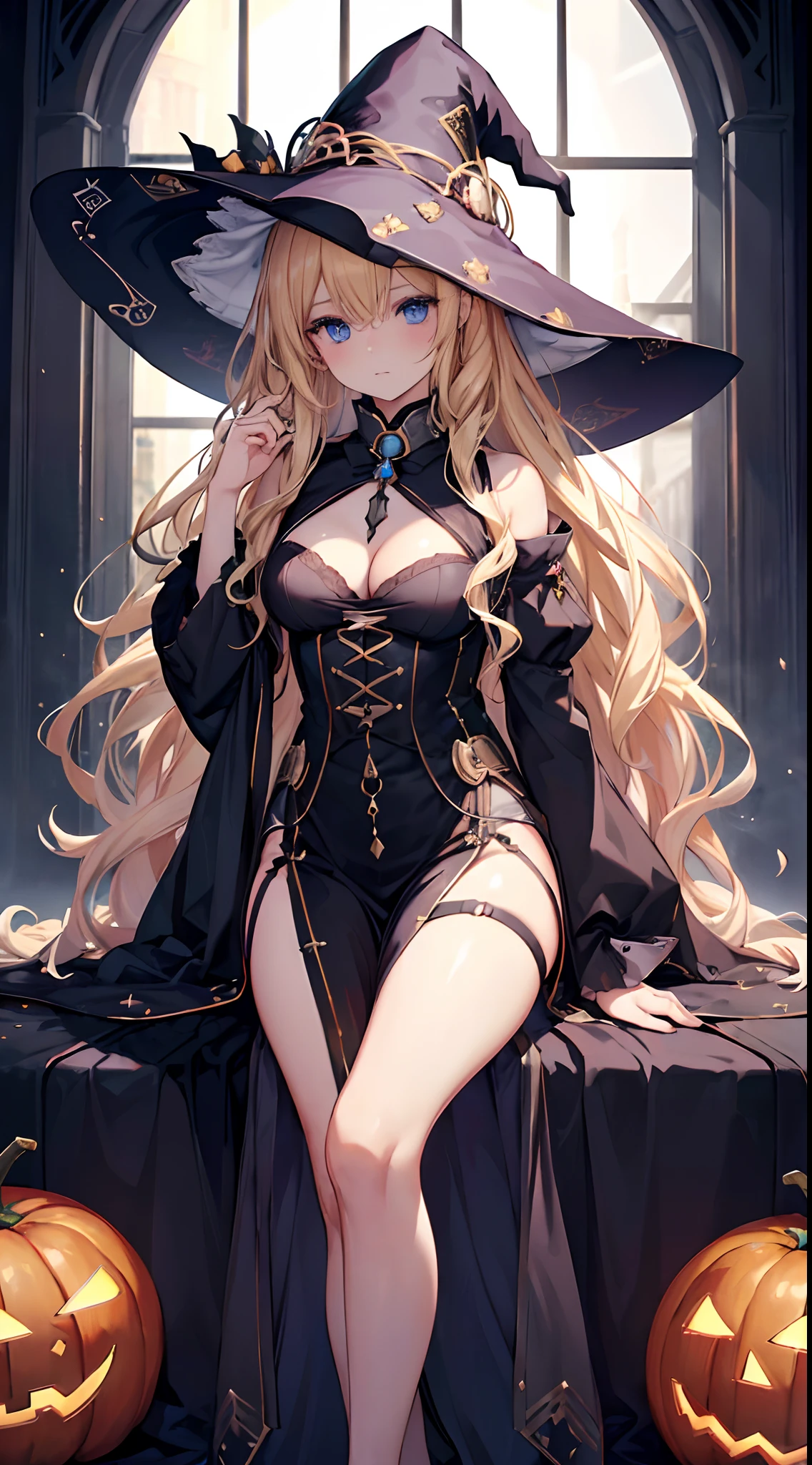 ((masuter piece:1.5)),((Finest quality)),(Ultra-high precision),8k picture,Top quality anime,Highest level of resolution,sharpnes,Clair,Fantasyart,Detailed down to the smallest detail,Phenomenal depiction,Halloween:1.5,((1人の女性,)),Witch Cosplay,Lots of jack-o'-lanterns,large full breasts, ((1 Beautiful Witch)), ((Blonde hair, long wavy hair with bangs,,,,,)) (((1 witch, Soio))) )) ((20yr old)) blue eyes, Have a very sexy body, Full chest and narrow waist, And a very sexy body, Medieval dress European ruffled dress Elegant long sleeve blouse with chest slightly open, Delicate fabric neckline, Has a bold look, thick and dense makeup. 年轻, qulity, Realistic, fantastic quality, Poses, ((((face perfect)))) Gentle expression, Soft lips, Calm expression, Magic, magia, Boiling cauldron, Spell recitation, spell book, Beautiful and perfect legs, Clean and perfect hands