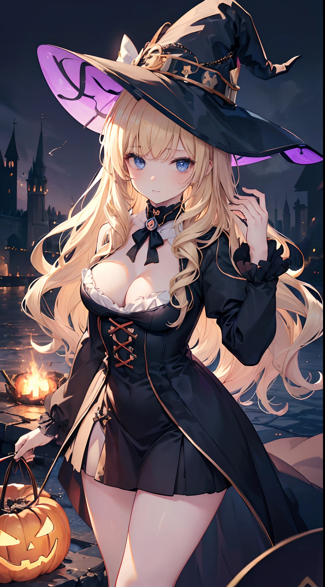 ((masuter piece:1.5)),((Finest quality)),(Ultra-high precision),8k picture,Top quality anime,Highest level of resolution,sharpnes,Clair,Fantasyart,Detailed down to the smallest detail,Phenomenal depiction,Halloween:1.5,((1人の女性,)),Witch Cosplay,Lots of jack-o'-lanterns,large full breasts, ((1 Beautiful Witch)), ((Blonde hair, long wavy hair with bangs,,,,,)) (((1 witch, Soio))) )) ((20yr old)) blue eyes, Have a very sexy body, Full chest and narrow waist, And a very sexy body, Medieval dress European ruffled dress Elegant long sleeve blouse with chest slightly open, Delicate fabric neckline, Has a bold look, thick and dense makeup. 年轻, qulity, Realistic, fantastic quality, Poses, ((((face perfect)))) Gentle expression, Soft lips, Calm expression, Magic, magia, Boiling cauldron, Spell recitation, spell book, Beautiful and perfect legs, Clean and perfect hands
