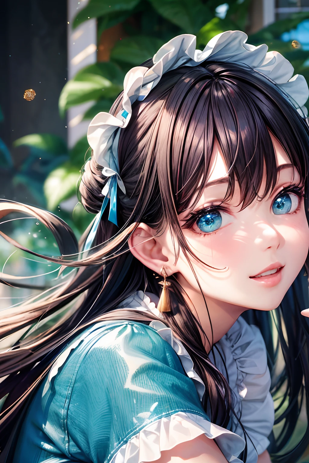 (hoang lap,hight resolution,Hyper-detailing,nffsw),tmasterpiece,best qualtiy,1girll ,Handsome,cabelos preto e longos,A detailed face,A dark-haired、Blouses with ruffles、cafe terrace,denim、Dimples、,Glorious glitter、Self-shot,lightsmile,(teal eyes)