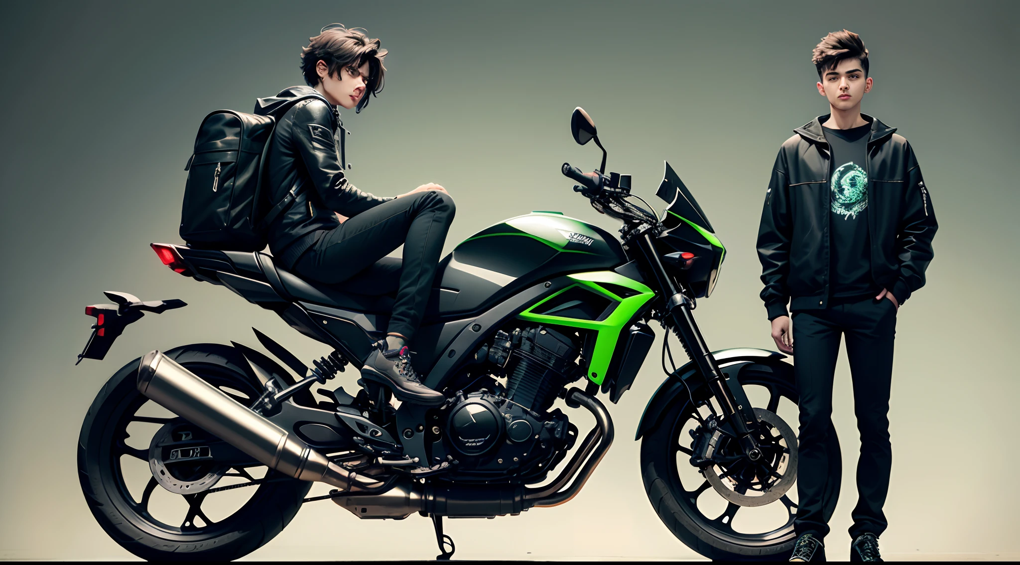 Adolescente masculino de cabelos verde, estilo Ane, usando um casaco verde, Black pants and black shoes. His eyes are red and he carries a black backpack with a futuristic design on his back. Mounted on a futuristic black motorcycle with a design of a dragon emblazoned on it.