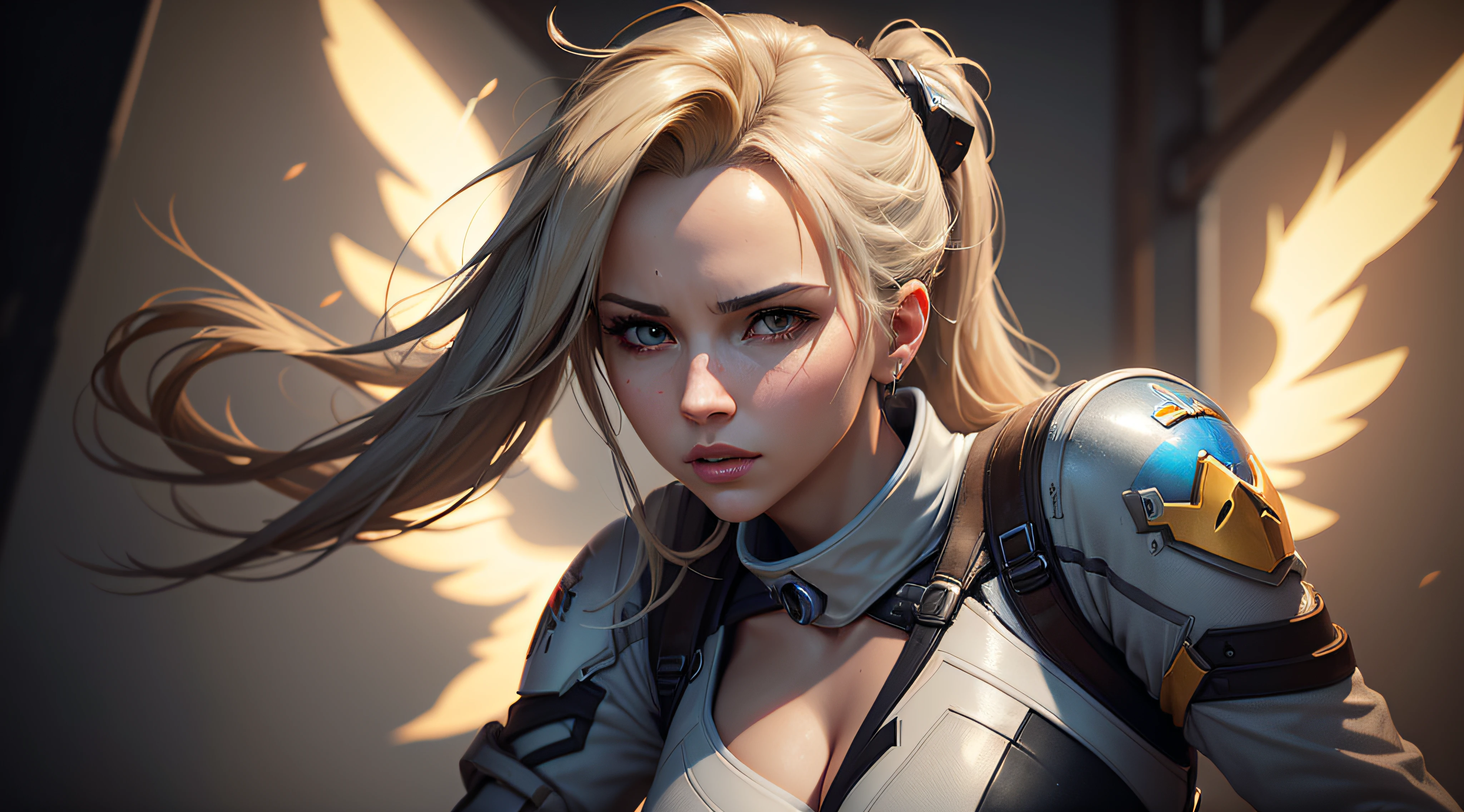 Mercy from Overwatch, the lighting and background is bright realistic style, with high attention to detail and sharp focus. The colors are vivid and contrasted, with a slight desaturation. The lighting is dramatic, with shadows and highlights enhancing the overall composition. The medium used is a digital illustration, with a touch of photo-realistic elements to add depth and texture to the image. The final result is a masterpiece in ultra-high resolution, showcasing the intense and raw nature of Mercy's character.