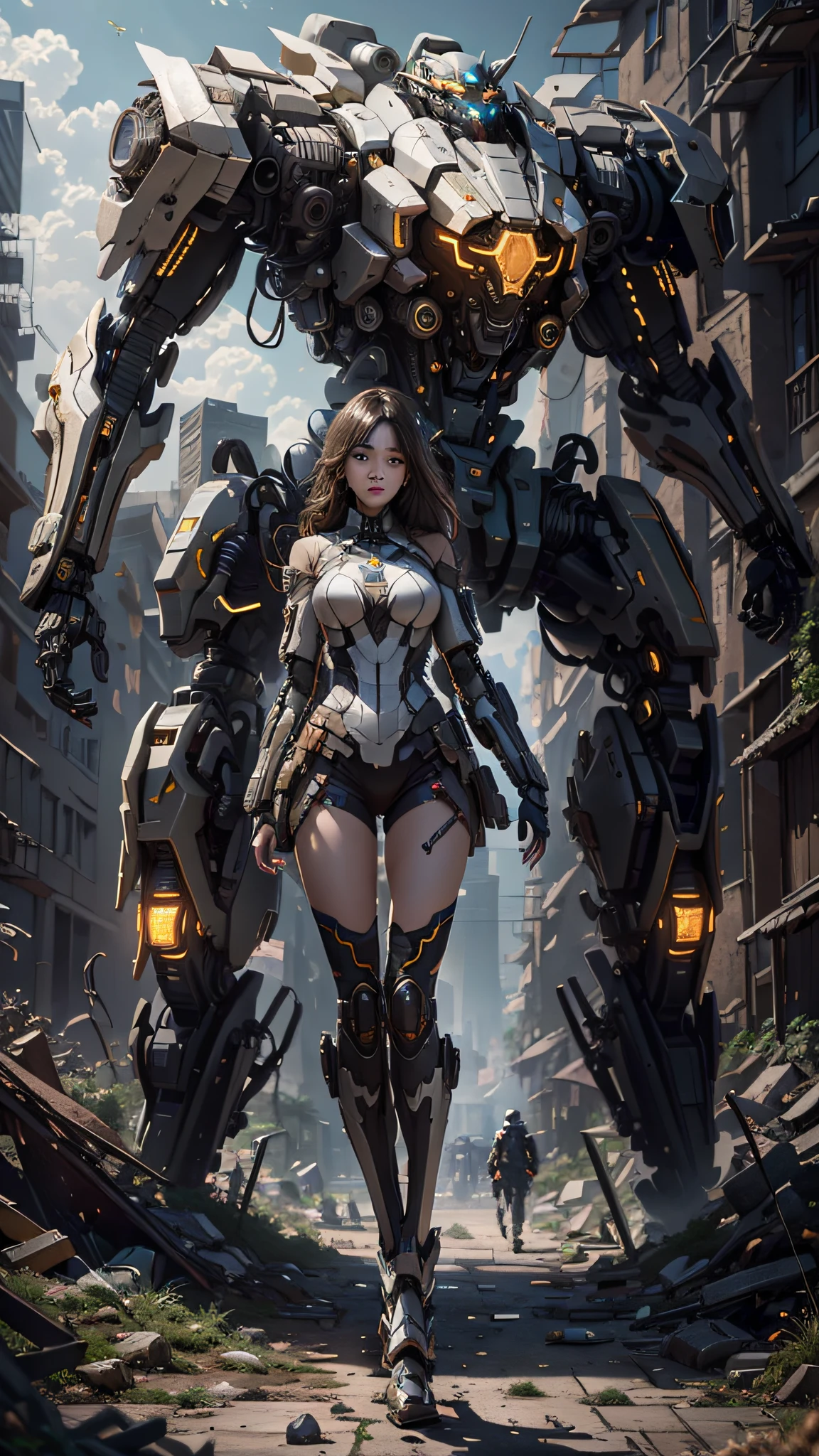 ((Best quality)), ((masterpiece)), (highly detailed:1.3), 3D,Shitu-mecha, beautiful cyberpunk women with her mecha in the ruins of city from a forgoten war, ancient technology,HDR (High Dynamic Range),Ray Tracing,NVIDIA RTX,Super-Resolution,Unreal 5,Subsurface scattering,PBR Texturing,Post-processing,Anisotropic Filtering,Depth-of-field,Maximum clarity and sharpness,Multi-layered textures,Albedo and Specular maps,Surface shading,Accurate simulation of light-material interaction,Perfect proportions,Octane Render,Two-tone lighting,Low ISO,White balance,Rule of thirds,Wide aperature,8K RAW,Efficient Sub-Pixel,sub-pixel convolution,luminescent particles,light scattering,Tyndall effect