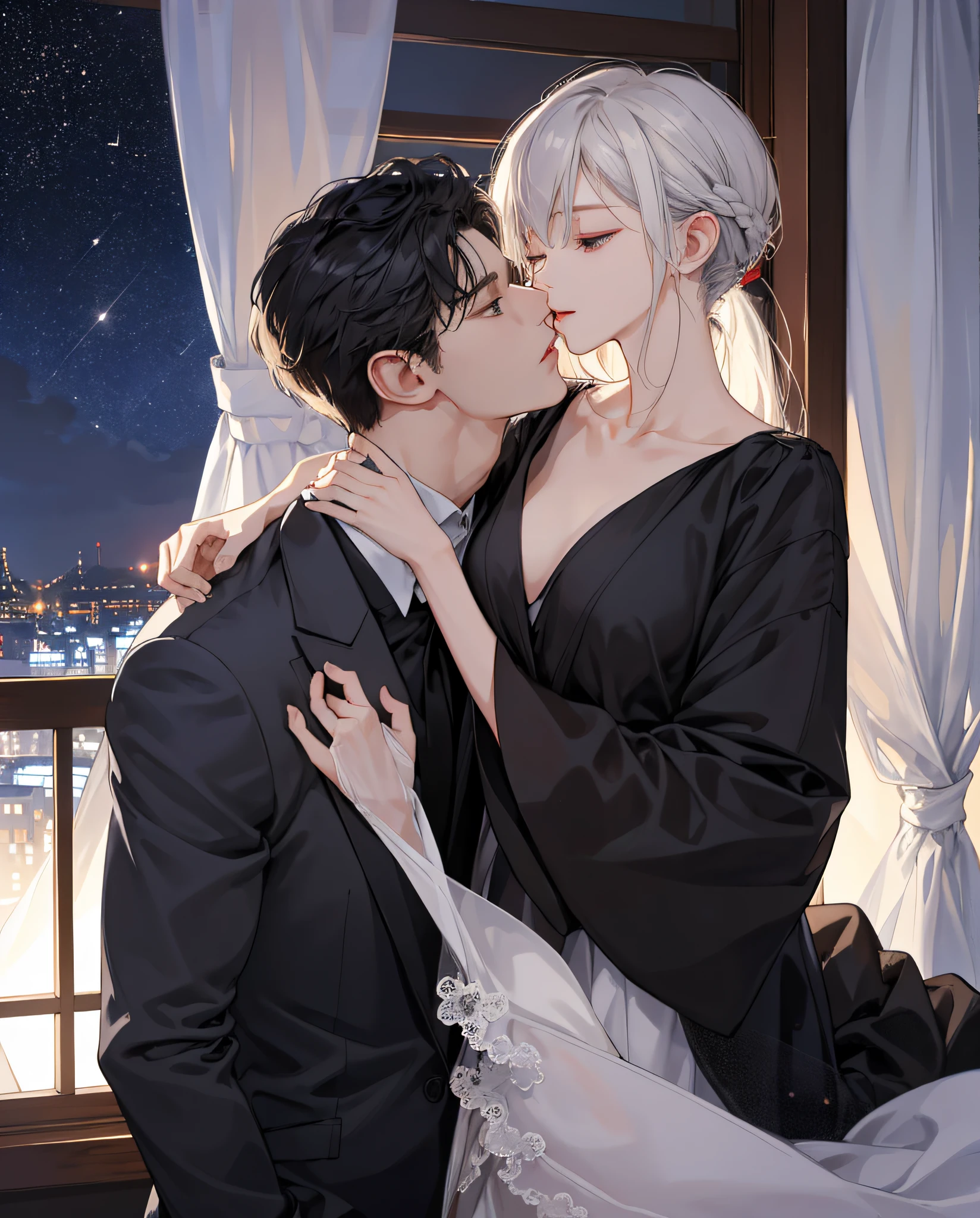 Masterpiece, Best quality, 8K, high detal, Ultra-detailed,A handsome man,Wear a classic black suit,Wear yours with a white shirt and dark tie,The hairstyle is neat and orderly。His facial features are distinct,The expression is focused and gentle,Look at the girl next to you。The girl wore a beautiful red dress,The hairstyle is elegantly coiled,Showcasing slender collarbones and delicate ears。She closed her eyes,Slightly open lips,Feel the kiss of a man。Their bodies are clinging to each other,Gently stroke each other with both hands。The entire bedroom is bathed in warm light,The curtains flutter gently,Outside the window is a starry night sky。Viewed from the side front,The man lowered his head,Kissed the girl gently。,Their bodies trembled slightly,Feel each other's breathing and heartbeat。The whole picture is full of romance and family affection,Let people feel the charm and power of love。quadratic element