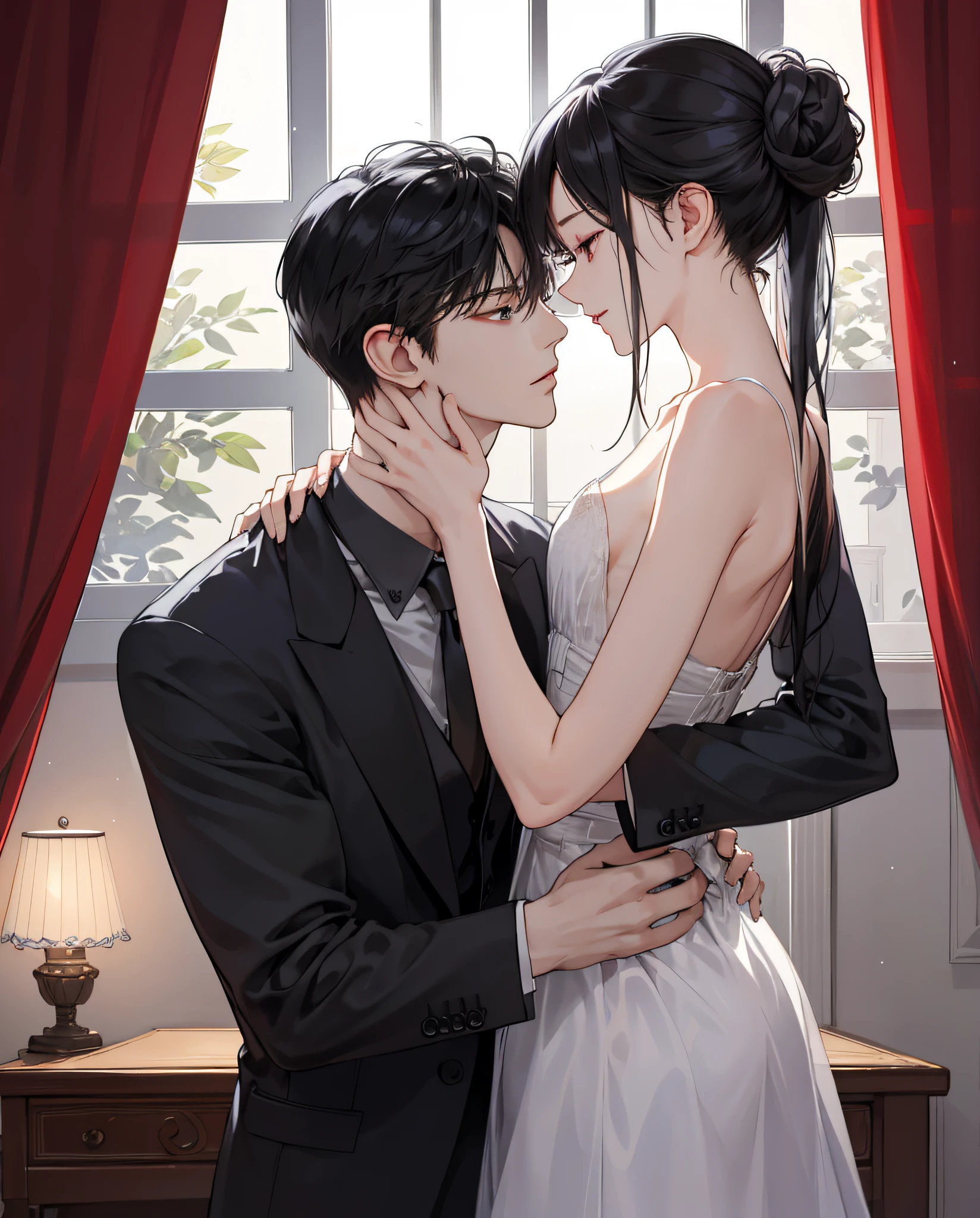 Masterpiece, Best quality, 8K, high detal, Ultra-detailed,A handsome man，Wear a classic black suit，Wear yours with a white shirt and dark tie，The hairstyle is neat and orderly。His facial features are distinct，The expression is focused and gentle，Look at the girl next to you。The girl wore a beautiful red dress，The hairstyle is elegantly coiled，Showcasing slender collarbones and delicate ears。She closed her eyes，Slightly open lips，Feel the kiss of a man。Their bodies are clinging to each other，Gently stroke each other with both hands。The entire bedroom is bathed in warm light，The curtains flutter gently，Outside the window is a starry night sky。Viewed from the side front，The man lowered his head，Kissed the girl gently。，Their bodies trembled slightly，Feel each other's breathing and heartbeat。The whole picture is full of romance and family affection，Let people feel the charm and power of love。quadratic element