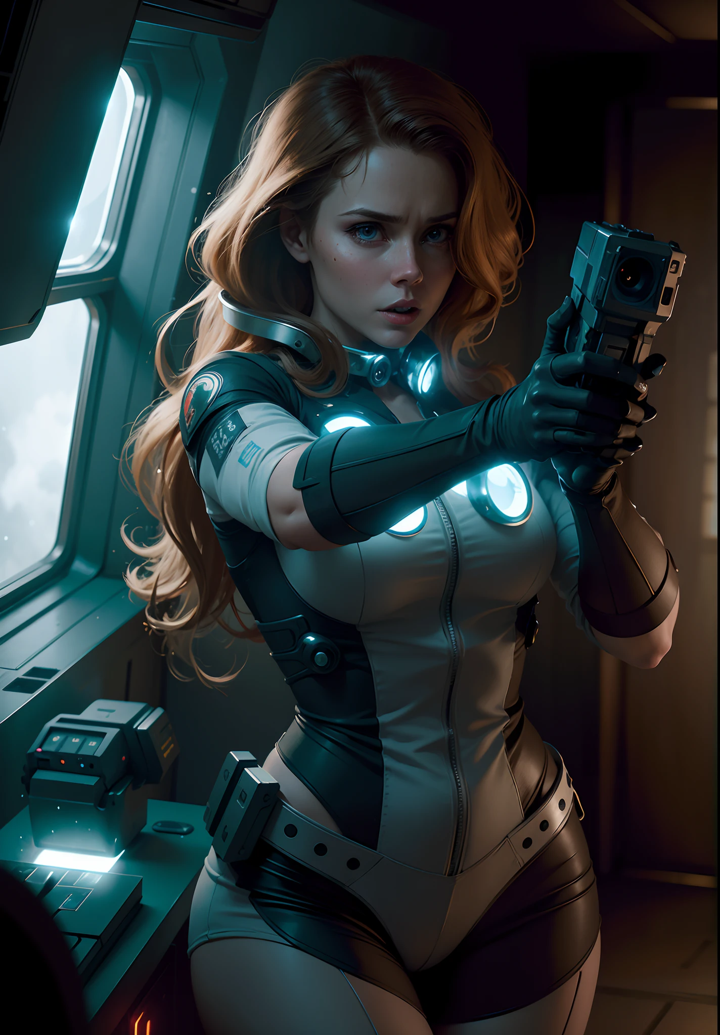 Hot terrified Sci fi Amy Adams with hair slick back ponytail holding a sci fi pistol on Ishimura Horror Space Ship photography, natural light, photorealism, cinematic rendering, ray tracing, the highest quality, the highest detail, Cinematic, Third-Person View, Blur Effect, Long Exposure, 8K, Ultra-HD, Natural Lighting, Moody Lighting, Cinematic Lighting