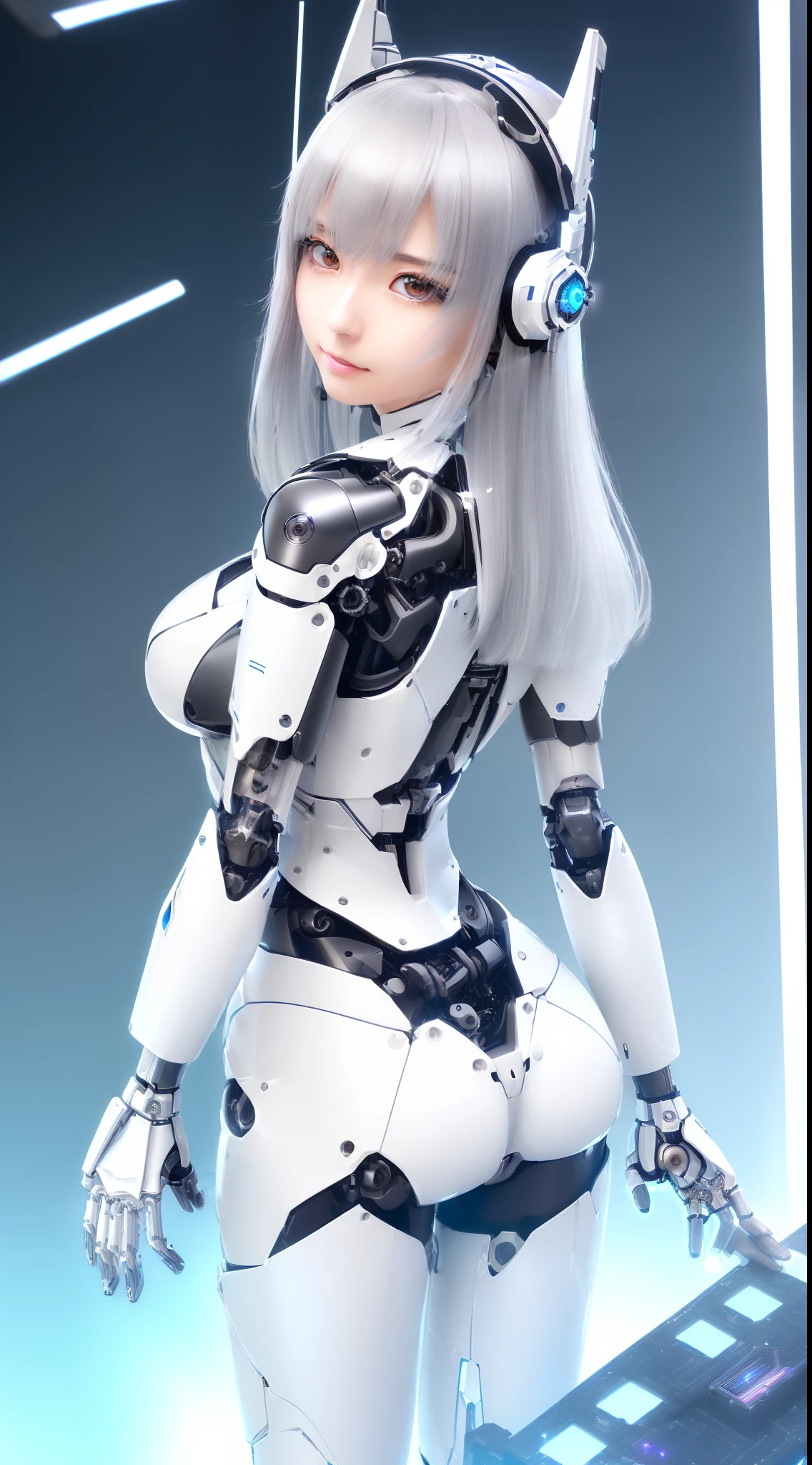 ((masutepiece)), ((top-quality), high quarity、ultra-definition, Realistic,  (Ultra-fine face)、fulcolor 、scientific fiction、Beautiful robot police woman、((Cyberpolis))、((Mechanical joints))、Machine body、(((machine components)))、(Actuator Joints)、White porcelain mechanical armor、((Curvaceous face))、(Ultra detailed eyes)、thin mouth、deadpan、straight haired、(((Electronic substrate)))、Machine Gloves、(Symmetrical Antenna Sensor Headgear)、from the rear