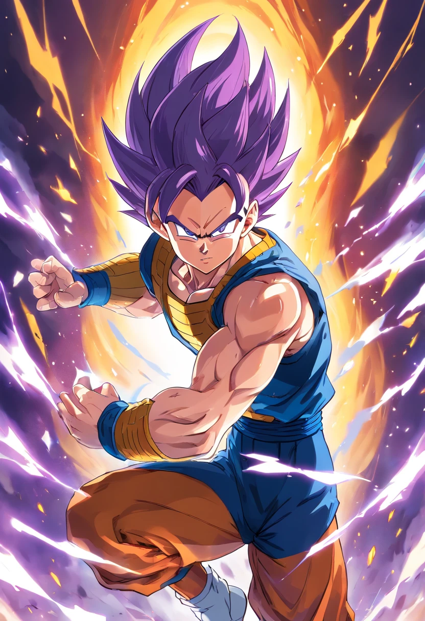 a detailed illustration of Vegeta, personagem de Dragon Ball, treinando intensamente em uma academia, purple hair, purple aura, showing your defined muscles and determined expression.