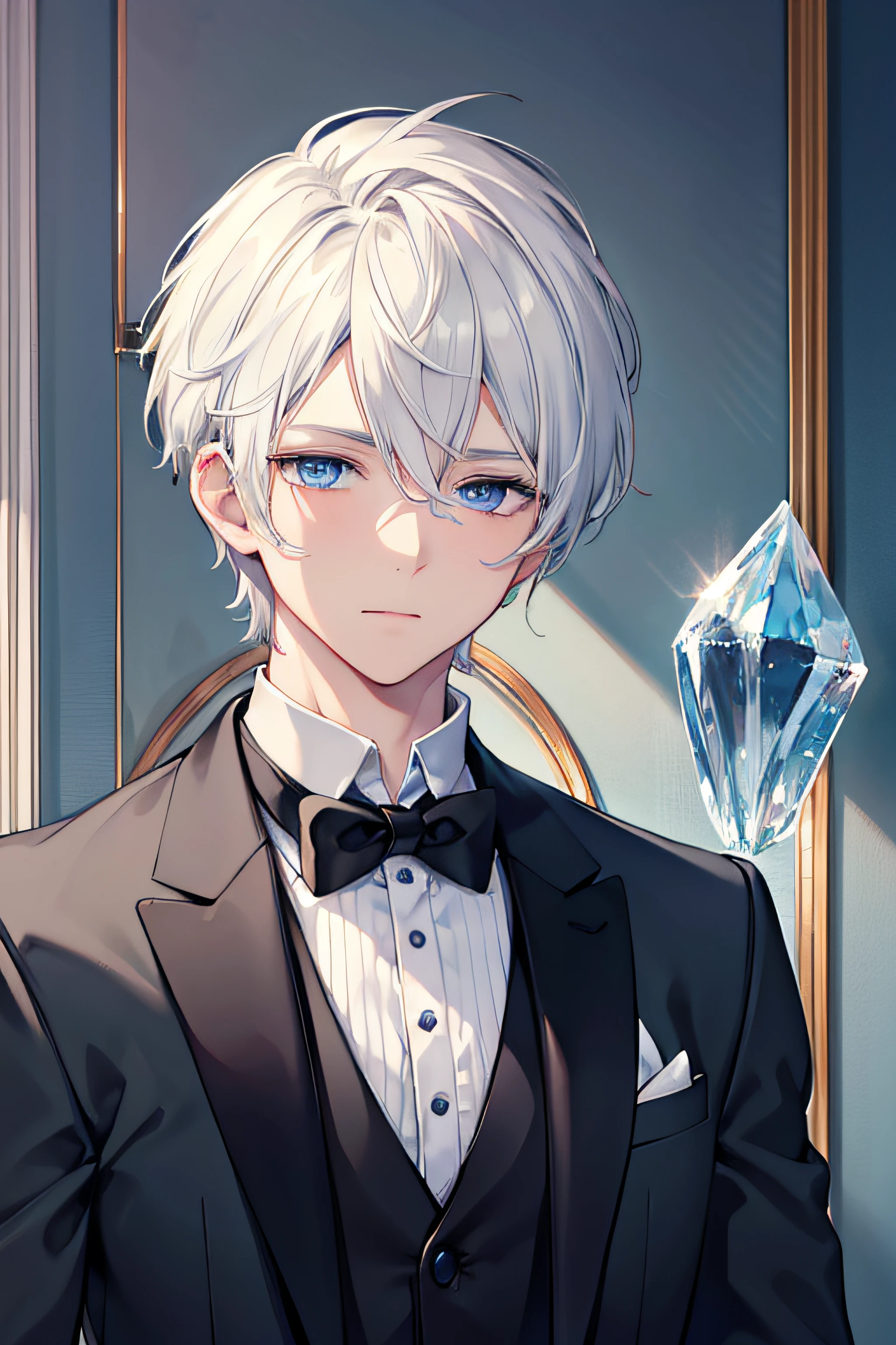 1.5, best quality, high quality, High definition, High quality texture, High quality shadow, high detail, beautiful detailed, finely detailed, extremely detailed cg, detailed texture, 1man, boy, male, butler, white hair, short hair, young, dutiful, ((ice blue eyes))