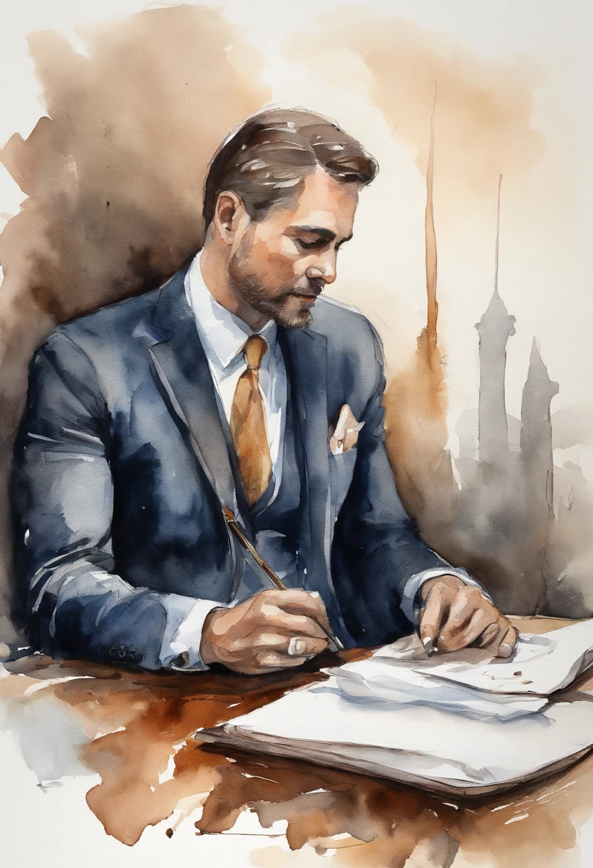 sketch, speaker, a man in suit, sitting in the dark,  watching his watch, sketch style with dark and mysterious tone, au natural, pastels, detailed realistic eyes, very handsome, beautiful