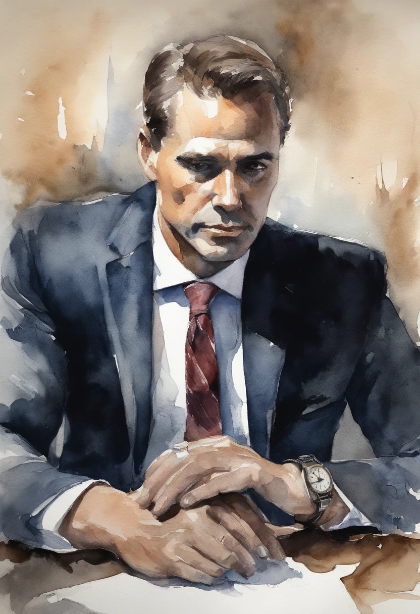 sketch, speaker, a man in suit, sitting in the dark, watching his watch, sketch style with dark and mysterious tone, au natural, pastels, detailed realistic eyes, very handsome, beautiful