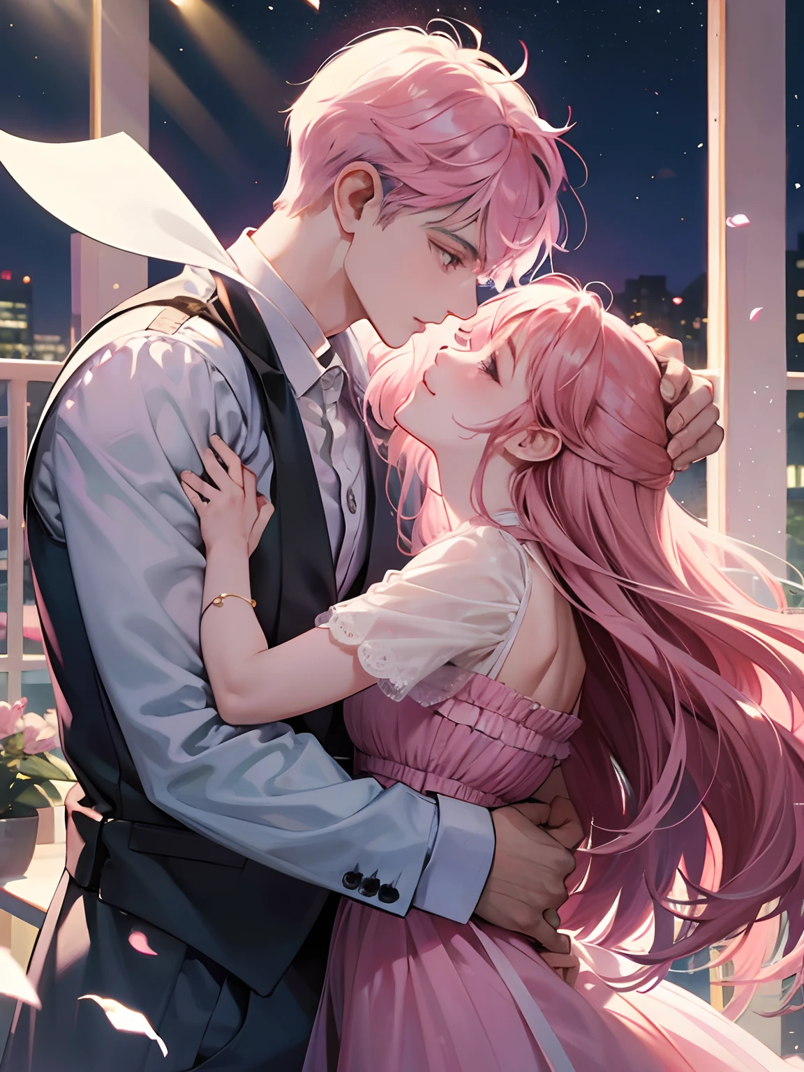 Night,rays of moonlight,a couple,huging、Pink hair、Beautuful Women