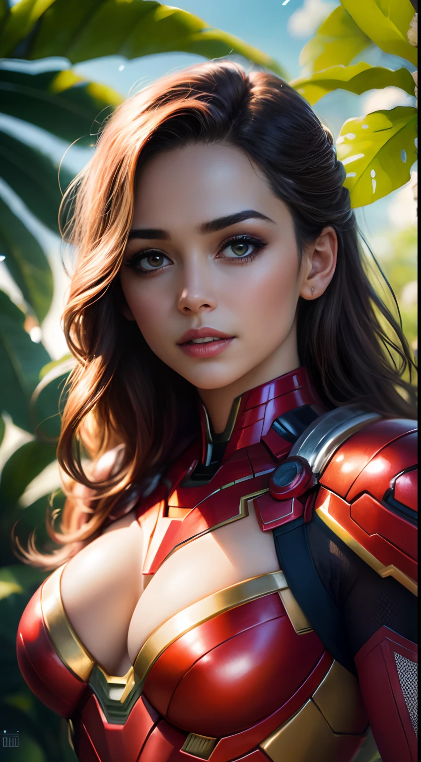 (high quality,4k,8k,highres,masterpiece:1.2),ultra-detailed,(realistic,photorealistic,photo-realistic:1.37),beautiful detailed eyes,beautiful detailed lips,extremely detailed eyes and face,long eyelashes,1 girl,in a garden,illustration,metallic material,shiny armor,red and gold colors,iron man suit,captivating smile,confident posture, Marvel superhero, summer vibe, tropical flowers, lush greenery, sunlight filtering through the leaves, professional, vibrant colors, bokeh