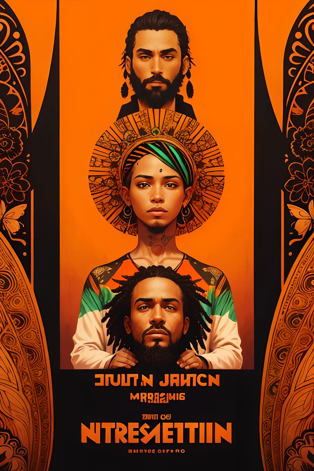 arte de cartaz de um festival com lineup de 3 artistas. The artwork in the background contains some butterflies in orange and black colors. Evento de reggae.