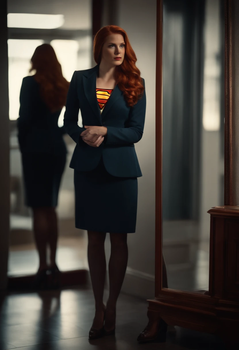 A full body view of a redhaired woman looking into a mirror. She is wearing a business suit, her reflection is wearing a classic supergirl costume