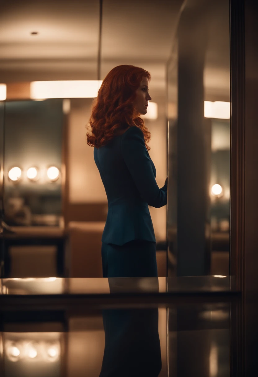 A full body view of a redhaired woman looking into a mirror. She is wearing a business suit, her reflection is wearing a classic supergirl costume