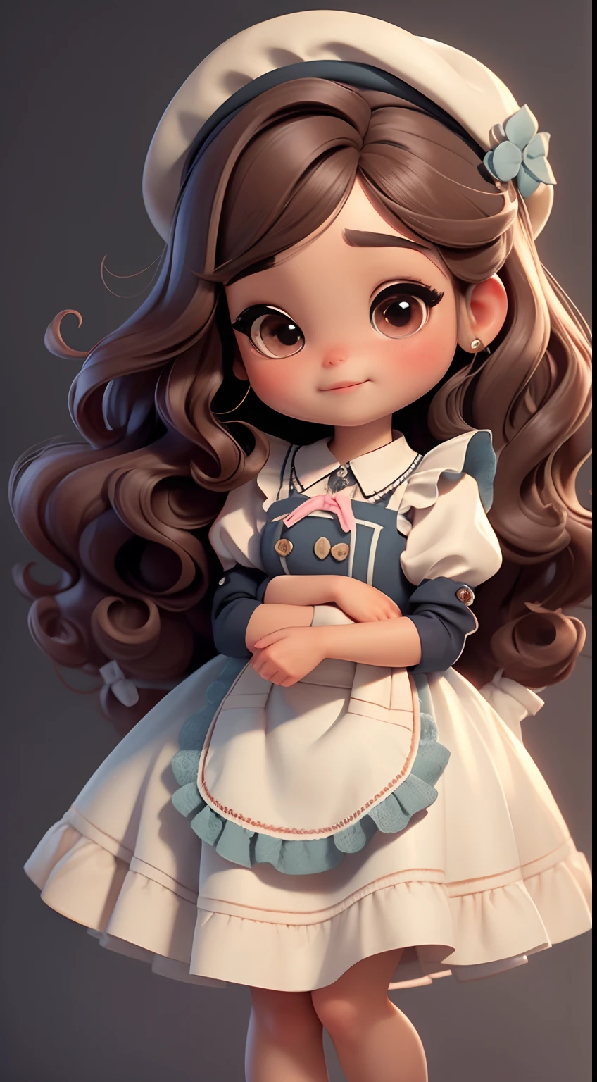 Create a series of chibi style dolls with a cute vintage chic theme, each with lots of detail and in an 8K resolution. All dolls should follow the same solid background pattern and be complete in the image, mostrando o (corpo inteiro, incluindo as pernas: 1.5)
Boneca Aprendiz de Bruxa: Chame-a de Mia. She must have medium wavy brown hair. Seus olhos devem ser grandes e curiosos, with long eyelashes and slightly pinkish cheeks. Mia should be dressed in a delicate dress and a polka-dot blouse and a delicate and beautiful hat. She should hold delicate and thin accessories. Add details like pockets and ruffles to the apron to make it even more charming, sapato bonito
Certifique-se de adicionar sombras, texturas e detalhes nos cabelos, roupas, Beautiful utensils, to make them even more adorable and charming.