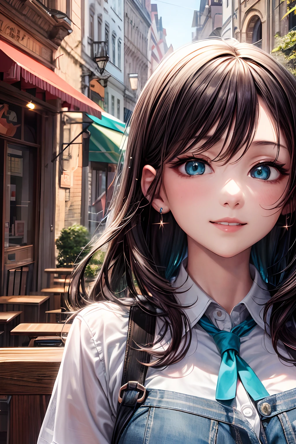 （hoang lap，hight resolution，Hyper-detailing，nffsw），tmasterpiece，best qualtiy，1girll ，Handsome，cabelos preto e longos，A detailed face，A dark-haired、Blouses with ruffles、cafe terrace，Cafe Girl、denim、Dimples、，Glorious glitter、Self-shot，lightsmile，（teal eyes）