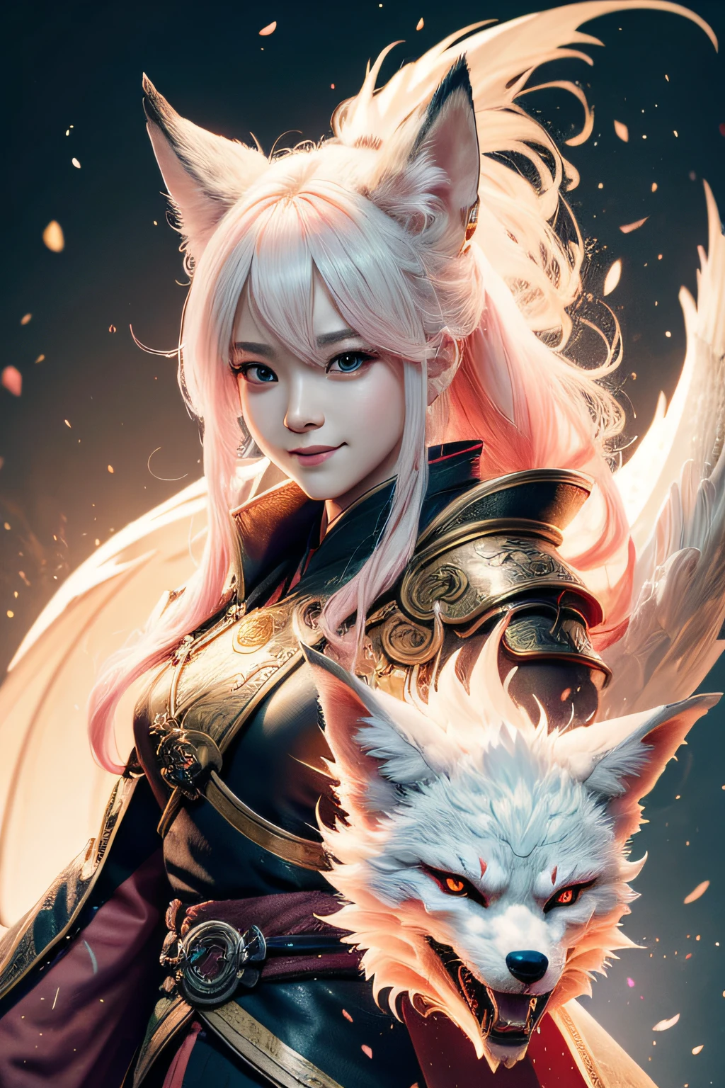 beautiful japanese young woman,Solo, Happy smiling official art, Unity 8k wallpaper, Ultra detailed, Beautiful and aesthetic, Beautiful, Masterpiece, Best quality, Kitsune witch, kitsune mask, Pink and white haori jacket, Foxfire spell, The fox is familiar, Transformation,Depth of field,