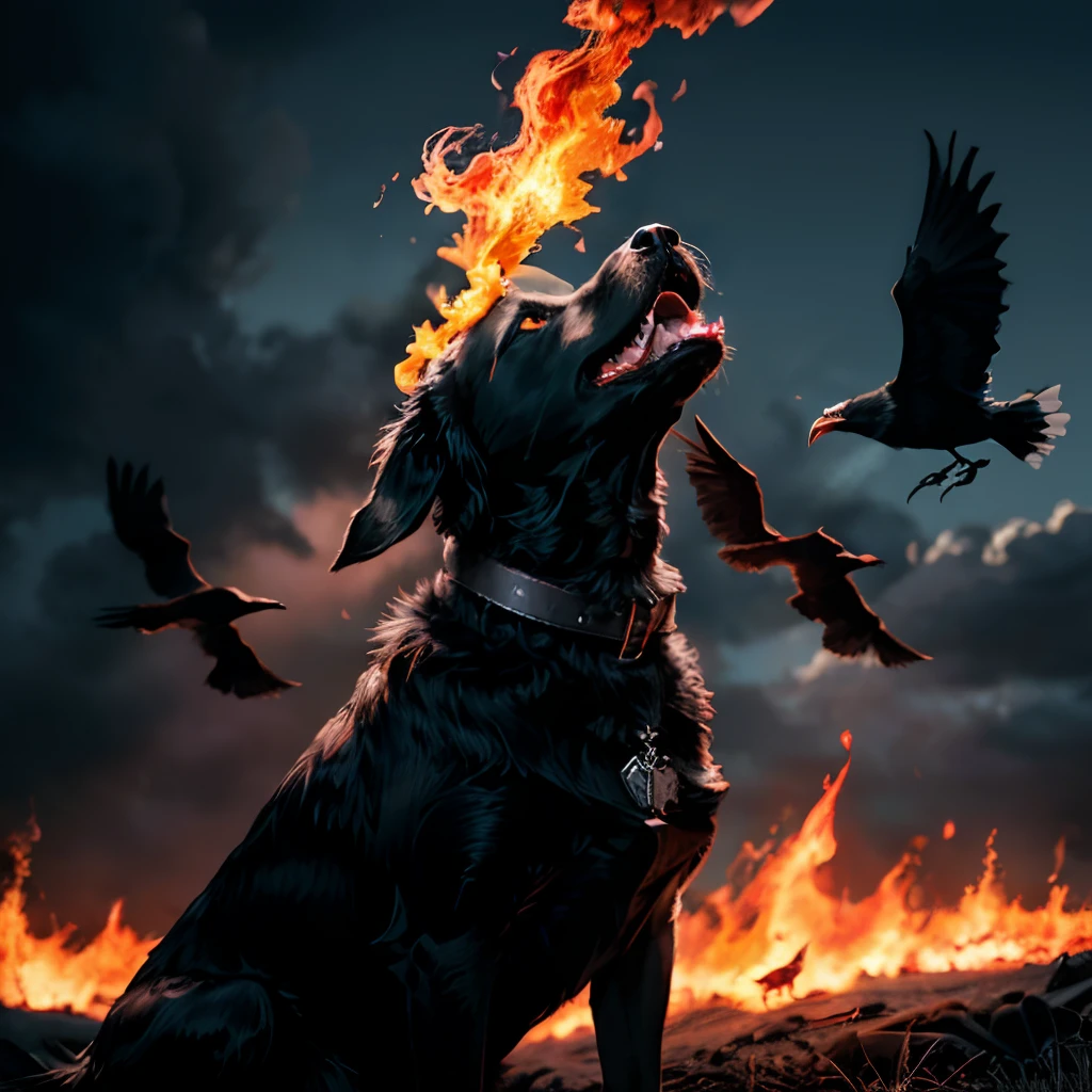 (best quality, 8k, highres, masterpiece:1.2), dramatic sky, blue lightning, realistic, (detailed), dense flock of crows, eight crows, red glowing eyes, crows flying in the air, flaming dog, black dog, crows attacking the black dog, the flames on the black dog scorching the crows, the black dog howling, ultra-fine, detailed, high-quality imagery