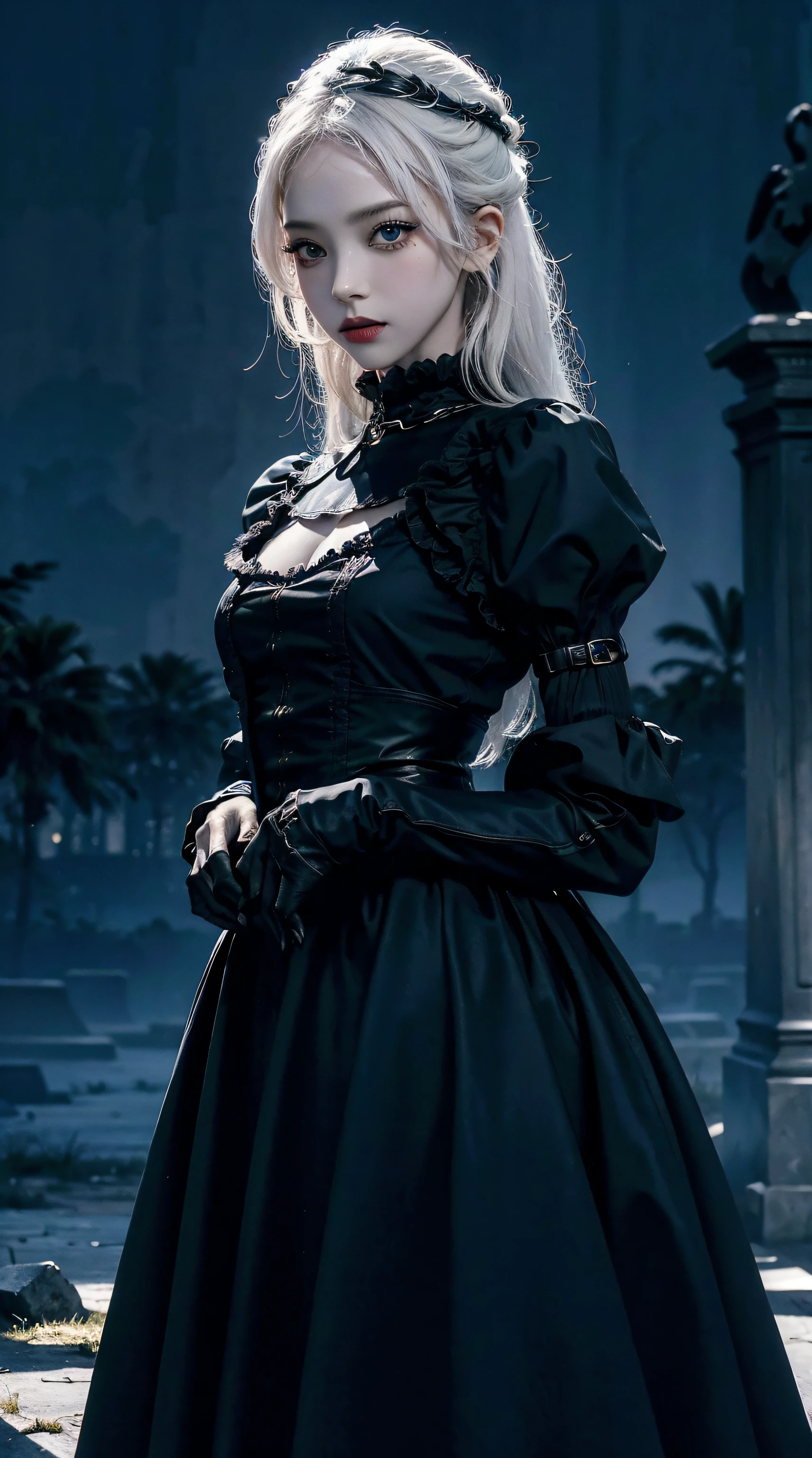 (best quality,4k,8k,Altas,master part:1.2),ultra-detalhado,(Realistic,fotorrealista,photo-realistic:1.37),Goth girl standing in a cemetery at night,belos olhos detalhados,long eyelashes,pale skin,Cabelos escuros,roupas pretas,Moonlight scenery,gothic architecture,Shadows Dramatic,Atmosfera misteriosa,nevoeiro sutil,Ambiente escuro e sinistro,beleza assombrosa,vivid colors,Gloomy Illumination,atmospheric portrait,emotional expression,Estilo inspirado em Tim Burton