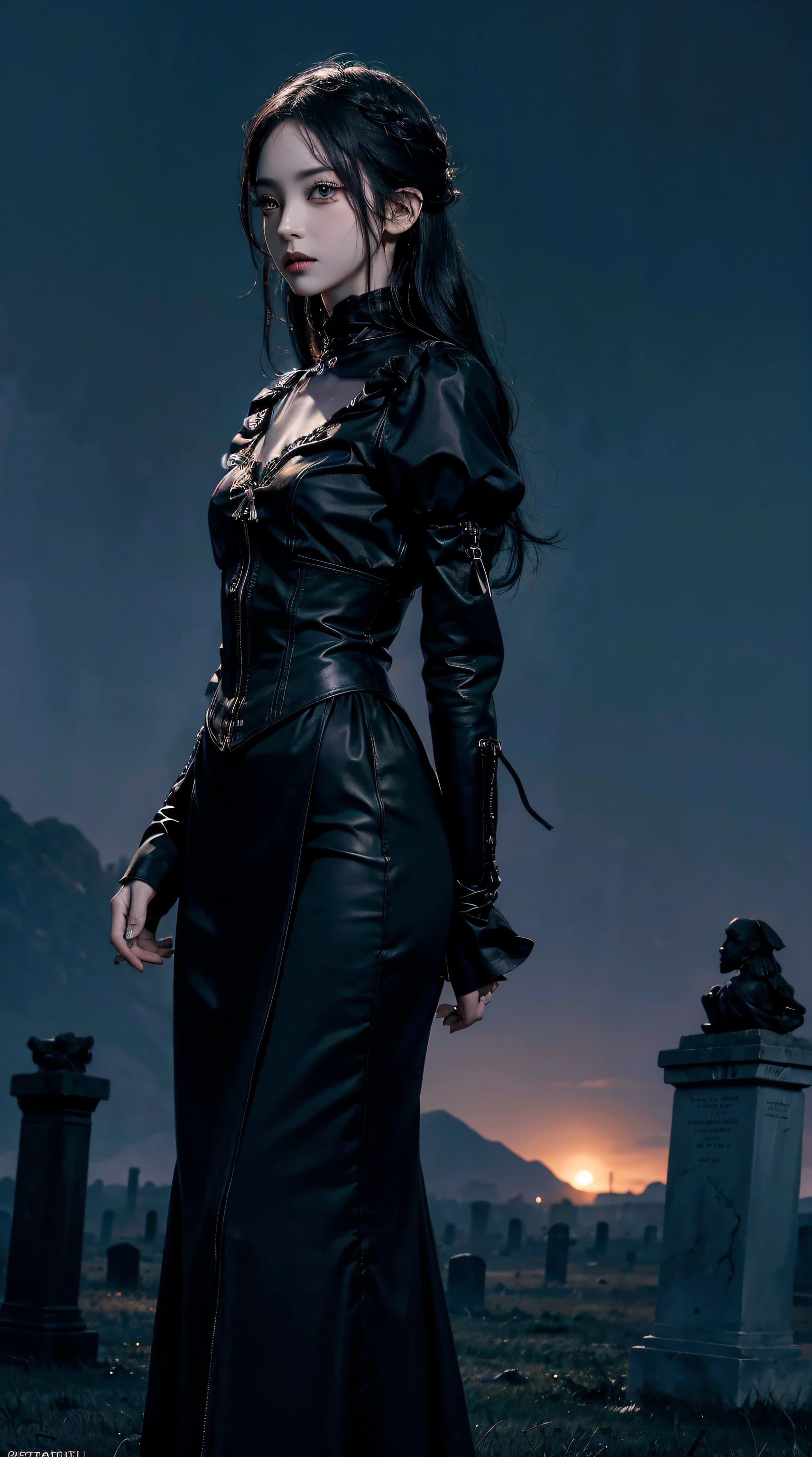 (best quality,4k,8k,Altas,master part:1.2),ultra-detalhado,(Realistic,fotorrealista,photo-realistic:1.37),Goth girl standing in a cemetery at night,belos olhos detalhados,long eyelashes,pale skin,Cabelos escuros,roupas pretas,Moonlight scenery,gothic architecture,Shadows Dramatic,Atmosfera misteriosa,nevoeiro sutil,Ambiente escuro e sinistro,beleza assombrosa,vivid colors,Gloomy Illumination,atmospheric portrait,emotional expression,Estilo inspirado em Tim Burton