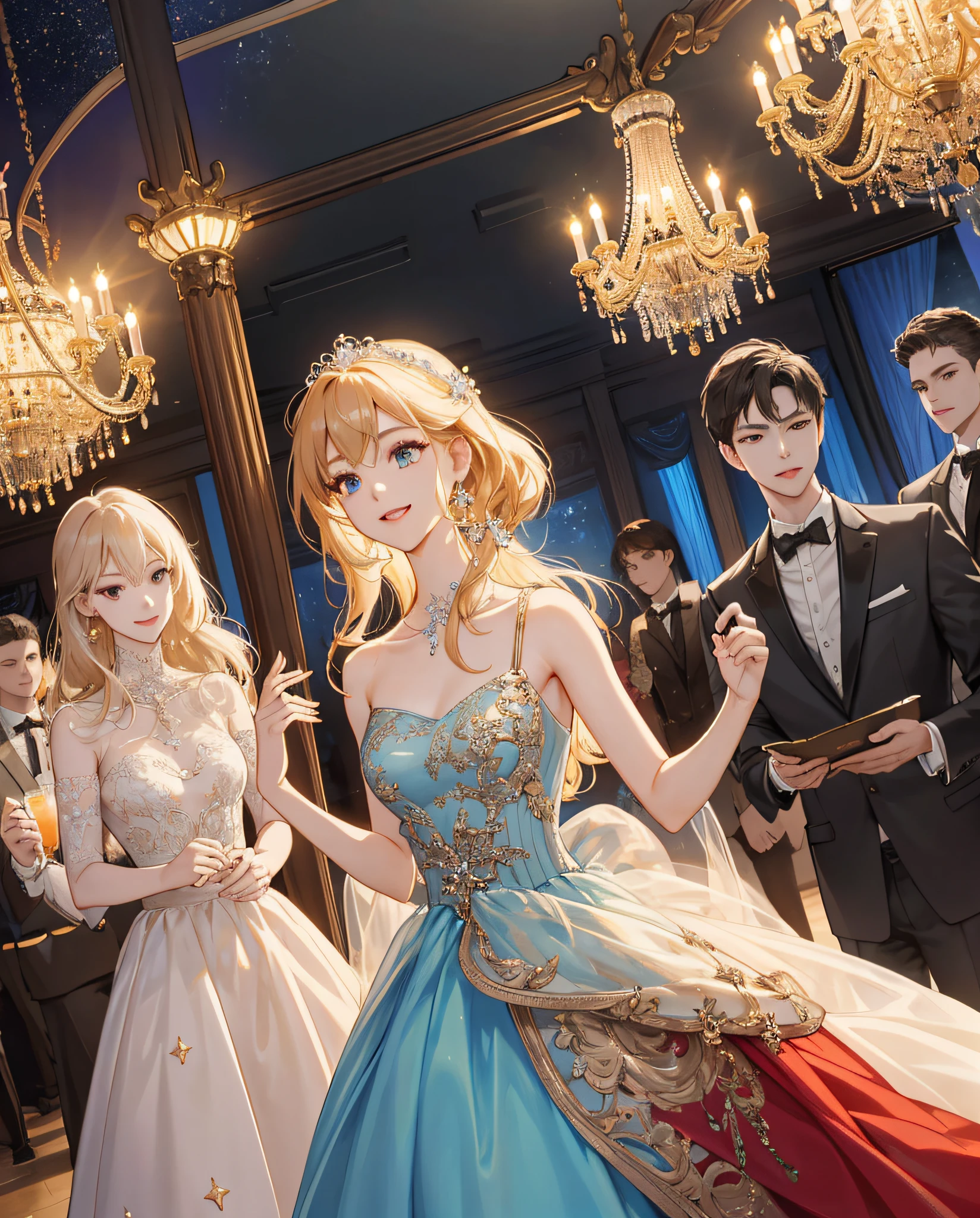 Masterpiece, Best quality, 8K, high detal, Ultra-detailed,quadratic element，A handsome boy（28 year old）Dressed in black formal clothes，A white shirt collar can be seen at the neckline。His facial features are distinct，The hairstyle is neat and unobtrusive，Eyes shining。 The scene is at a sumptuous indoor cocktail party，Under a tall crystal chandelier，People wore all kinds of evening dresses，Threes and threes get together to talk and laugh。 It was night，The sky outside is shimmering with stars。Gorgeous interior lighting，It creates a fantastic atmosphere。 Observe from a greater distance，The whole cocktail party scene is very lively，People are looking for money，The music flows softly。The viewing angle is heads-up。 The picture quality is very clear，Details can see the delicate texture of the boy's black formal dress and the details of the white shirt collar at the neckline。 The painting style is realistic，with soft colors，The proportions of the characters are well-proportioned and natural。The overall style is full of elegance and romance，（Two-dimensional style）