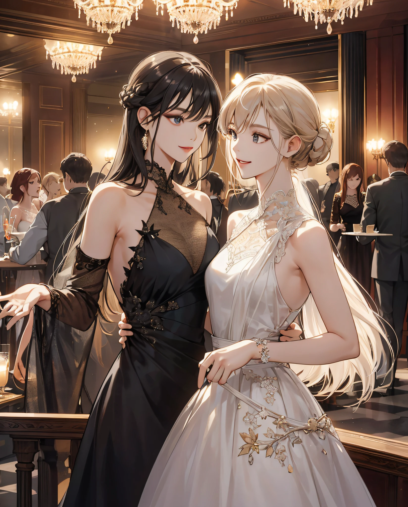Masterpiece, Best quality, 8K, high detal, Ultra-detailed,quadratic element，A young girl（24 years of age）Dressed in a gorgeous evening dress，Her elegant hairstyle and delicate makeup make her look very attractive。Her facial features are distinct，Greet those around you with a smile。 The scene is at a sumptuous indoor cocktail party，Under a tall crystal chandelier，People wore all kinds of evening dresses，Threes and threes get together to talk and laugh。 It was night，The sky outside is shimmering with stars。Gorgeous interior lighting，It creates a fantastic atmosphere。 Observe from a greater distance，The whole cocktail party scene is very lively，People are looking for money，The music flows softly。The viewing angle is heads-up。 The picture quality is very clear，The details can see the delicate texture of the girls' evening dresses and the smiles on people's faces。 The painting style is realistic，with soft colors，The proportions of the characters are well-proportioned and natural。The overall style is full of elegance and romance。