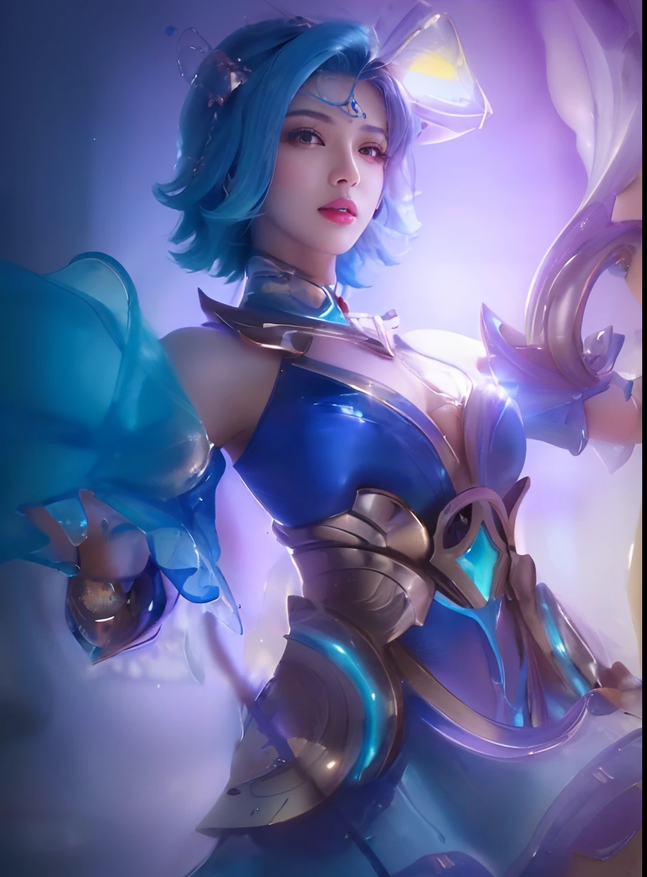 (8k, RAW photo, photorealistic:1.25) ,( lipgloss, eyelashes, gloss-face, glossy skin, best quality, ultra highres, depth of field,a close up of a woman with a blue hair and a blue outfit, ig model
