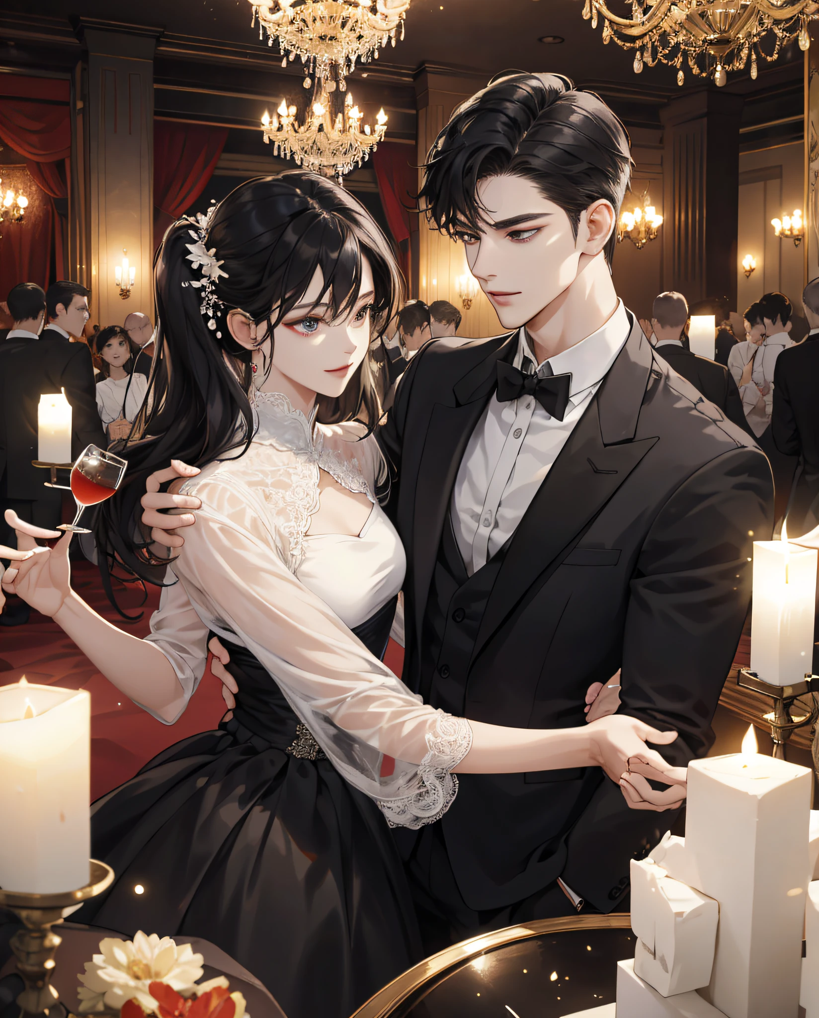 Masterpiece, Best quality, 8K, high detal, Ultra-detailed,quadratic element，A handsome boy（28 year old）Dressed in black formal clothes，A white shirt collar can be seen at the neckline。His facial features are distinct，The hairstyle is neat and unobtrusive，Eyes shining。 The scene is at a sumptuous indoor cocktail party，Under a tall crystal chandelier，People wore all kinds of evening dresses，Threes and threes get together to talk and laugh。 It was night，The sky outside is shimmering with stars。Gorgeous interior lighting，It creates a fantastic atmosphere。 Observe from a greater distance，The whole cocktail party scene is very lively，People are looking for money，The music flows softly。The viewing angle is heads-up。 The picture quality is very clear，Details can see the delicate texture of the boy's black formal dress and the details of the white shirt collar at the neckline。 The painting style is realistic，with soft colors，The proportions of the characters are well-proportioned and natural。The overall style is full of elegance and romance，（Two-dimensional style）