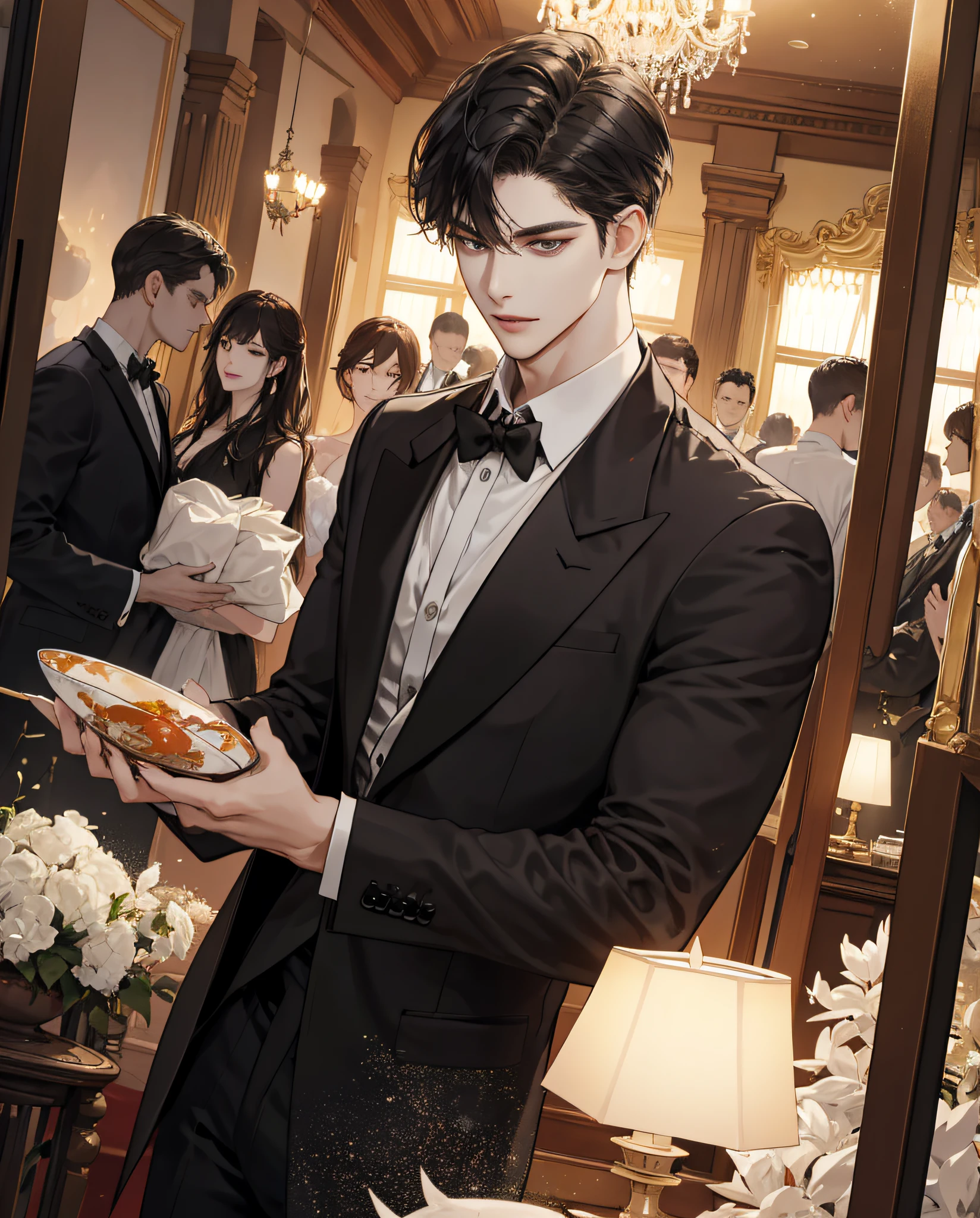 Masterpiece, Best quality, 8K, high detal, Ultra-detailed,quadratic element，A handsome boy（28 year old）Dressed in black formal clothes，A white shirt collar can be seen at the neckline。His facial features are distinct，The hairstyle is neat and unobtrusive，Eyes shining。 The scene is at a sumptuous indoor cocktail party，Under a tall crystal chandelier，People wore all kinds of evening dresses，Threes and threes get together to talk and laugh。 It was night，The sky outside is shimmering with stars。Gorgeous interior lighting，It creates a fantastic atmosphere。 Observe from a greater distance，The whole cocktail party scene is very lively，People are looking for money，The music flows softly。The viewing angle is heads-up。 The picture quality is very clear，Details can see the delicate texture of the boy's black formal dress and the details of the white shirt collar at the neckline。 The painting style is realistic，with soft colors，The proportions of the characters are well-proportioned and natural。The overall style is full of elegance and romance，（Two-dimensional style）