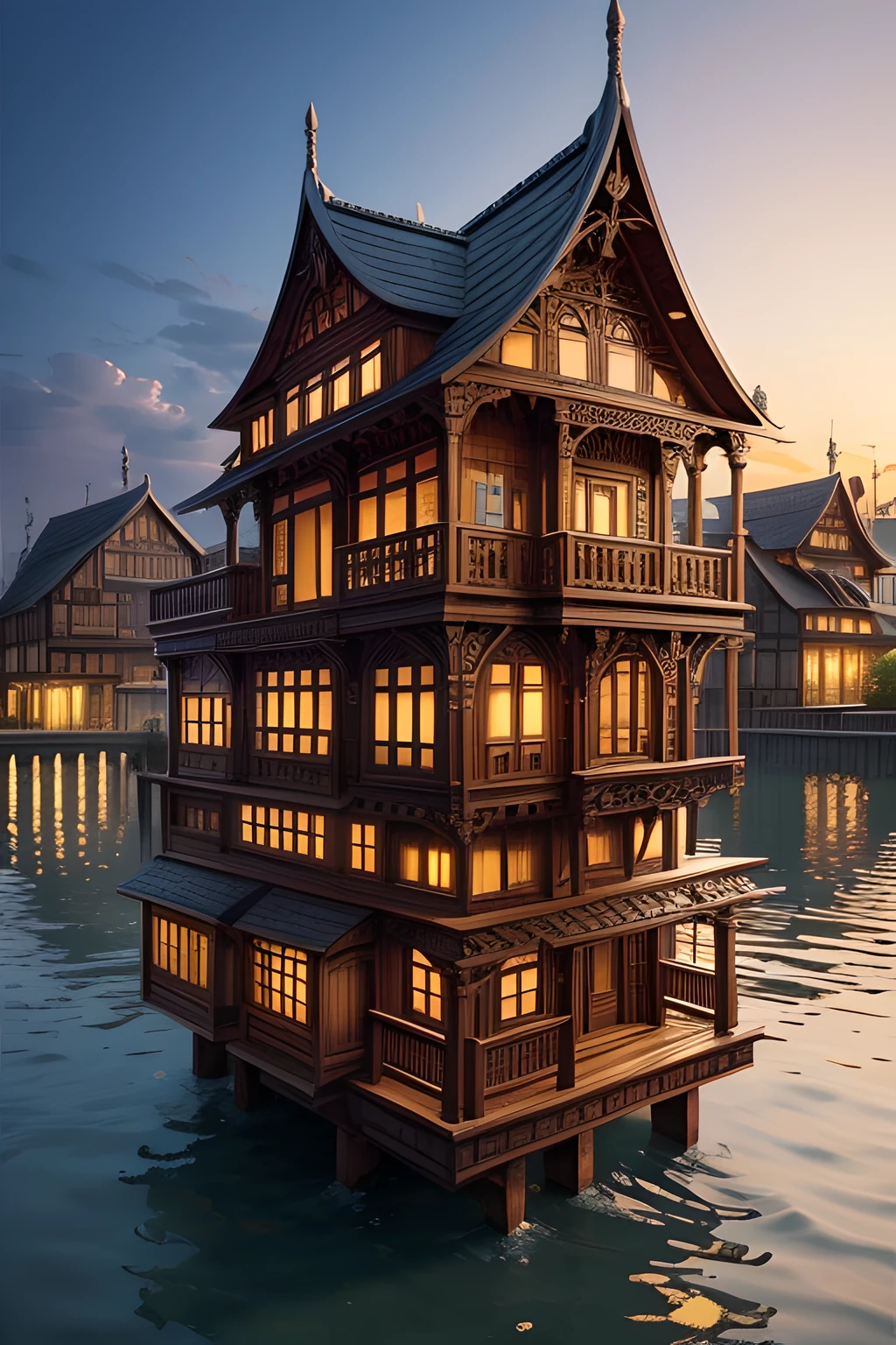 Create an artwork that explores the architectural ingenuity of a wooden city on water, with intricate details in the construction of houses and intricate water channels, emphasizing its unique engineering, Architectural Ingenuity, Wooden City, Intricate Details, Houses, Unique Engineering, Architectural Art