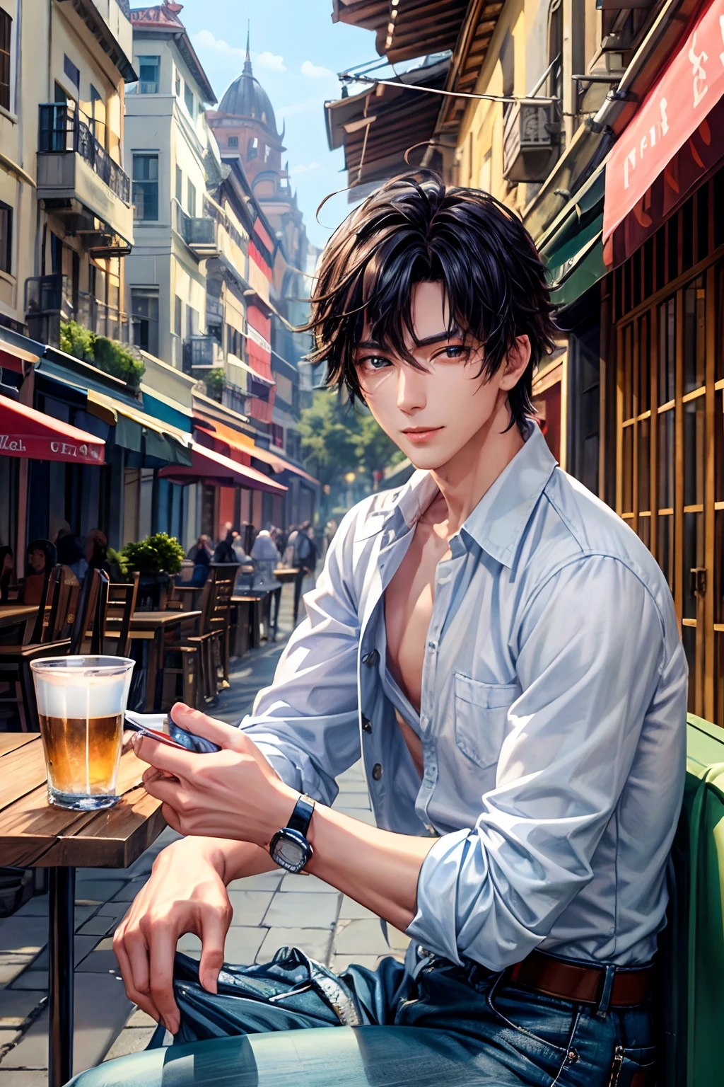 777、（hoang lap，hight resolution，Hyper-detailing，nffsw），tmasterpiece，best qualtiy，1boy ，Handsome，cabelos preto e longos，fine eyes and detailed face，white  shirt，denim、cafe terrace，Self-shot，lightsmile，（teal eyes）