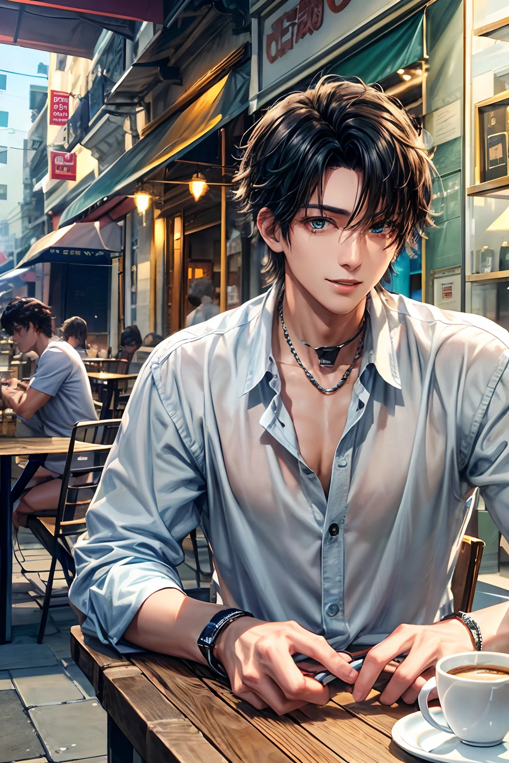777、(hoang lap,hight resolution,Hyper-detailing,nffsw),tmasterpiece,best qualtiy,1boy ,Handsome,cabelos preto e longos,fine eyes and detailed face,white shirt,denim、cafe terrace,Self-shot,lightsmile,(teal eyes)