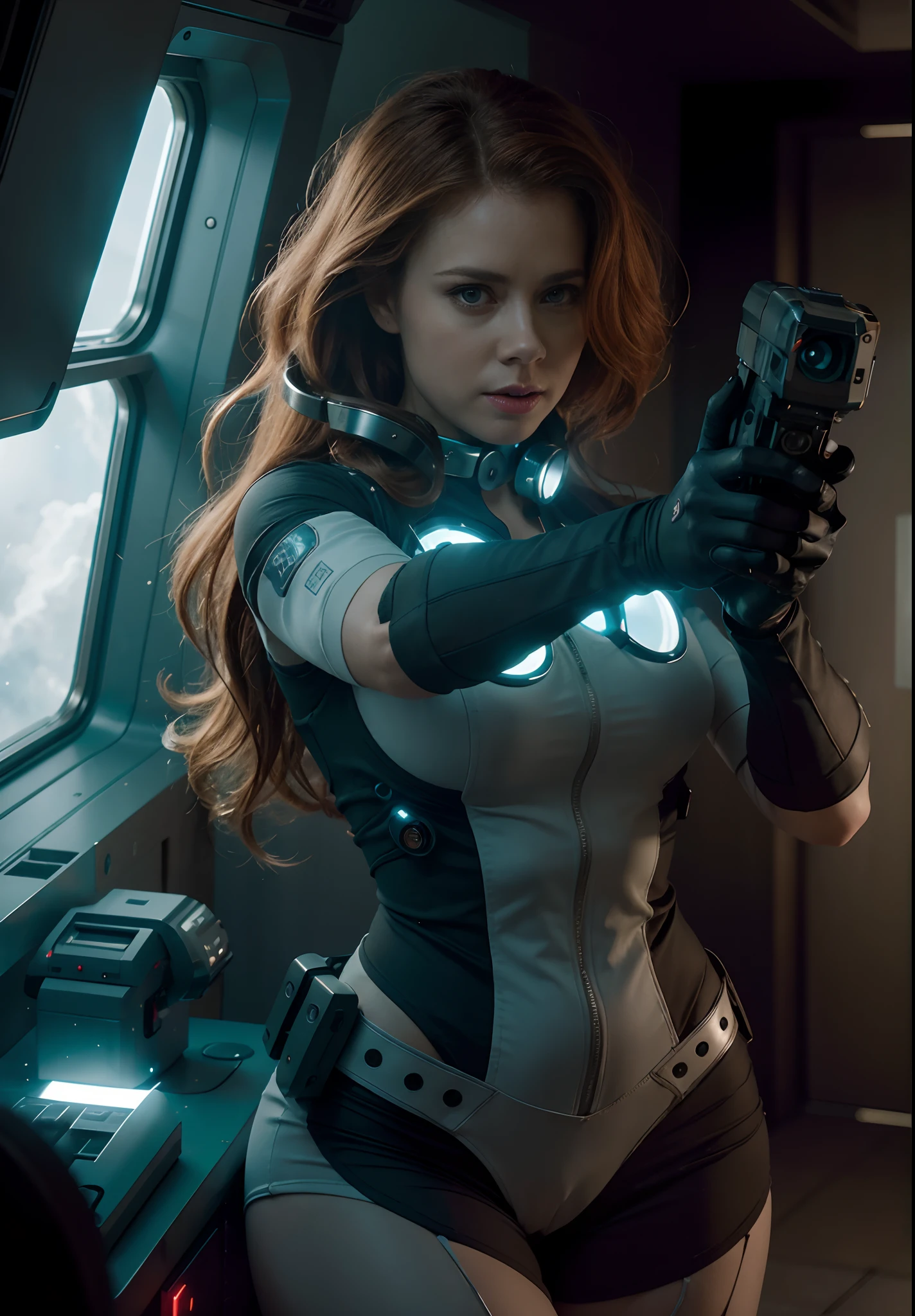 Hot terrified Sci fi Amy Adams with hair slick back ponytail holding a sci fi pistol on Ishimura Horror Space Ship photography, natural light, photorealism, cinematic rendering, ray tracing, the highest quality, the highest detail, Cinematic, Third-Person View, Blur Effect, Long Exposure, 8K, Ultra-HD, Natural Lighting, Moody Lighting, Cinematic Lighting