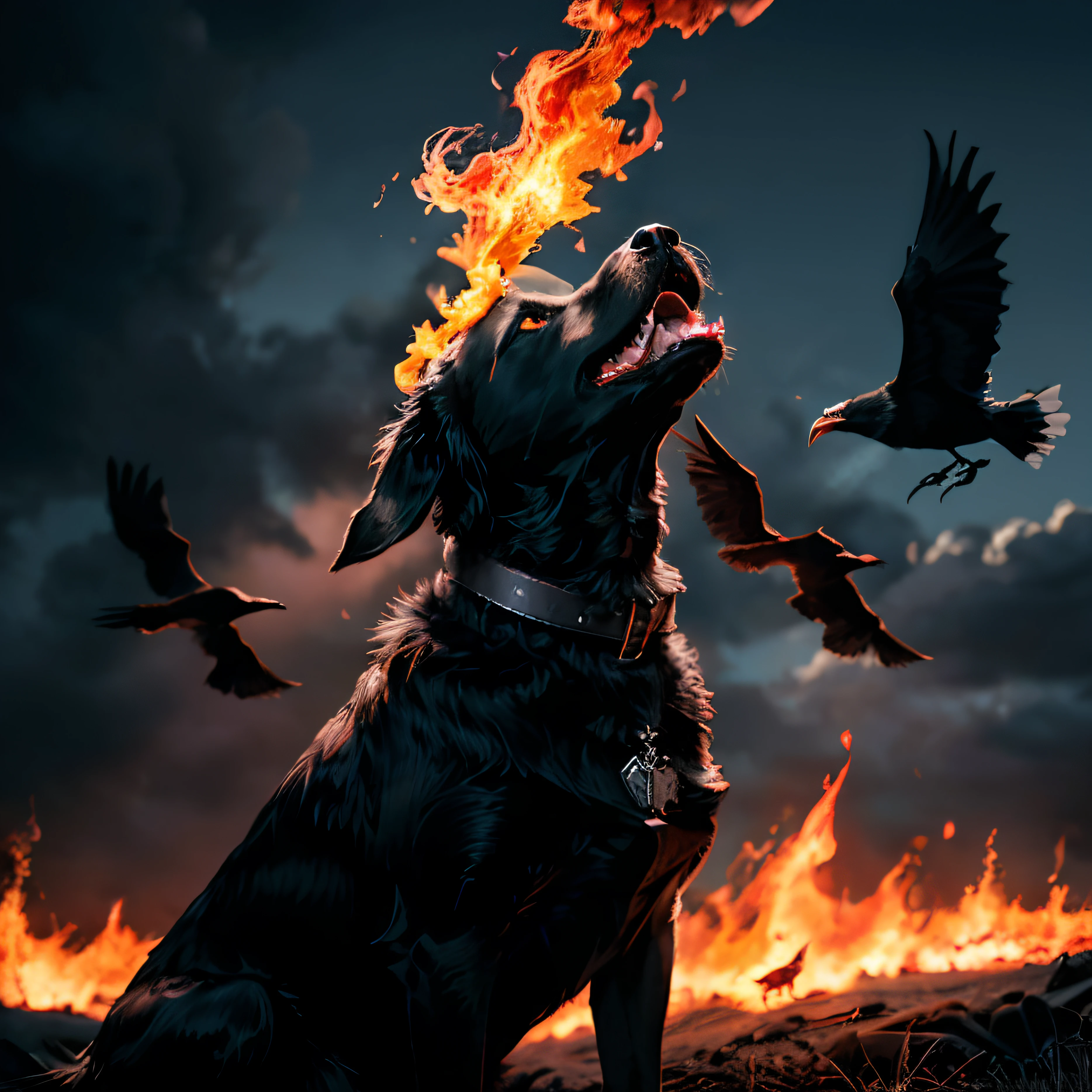 (best quality, 8k, highres, masterpiece:1.2), dramatic sky, blue lightning, realistic, (detailed), dense flock of crows, eight crows, red glowing eyes, crows flying in the air, flaming dog, black dog, crows attacking the black dog, the flames on the black dog scorching the crows, the black dog howling, ultra-fine, detailed, high-quality imagery