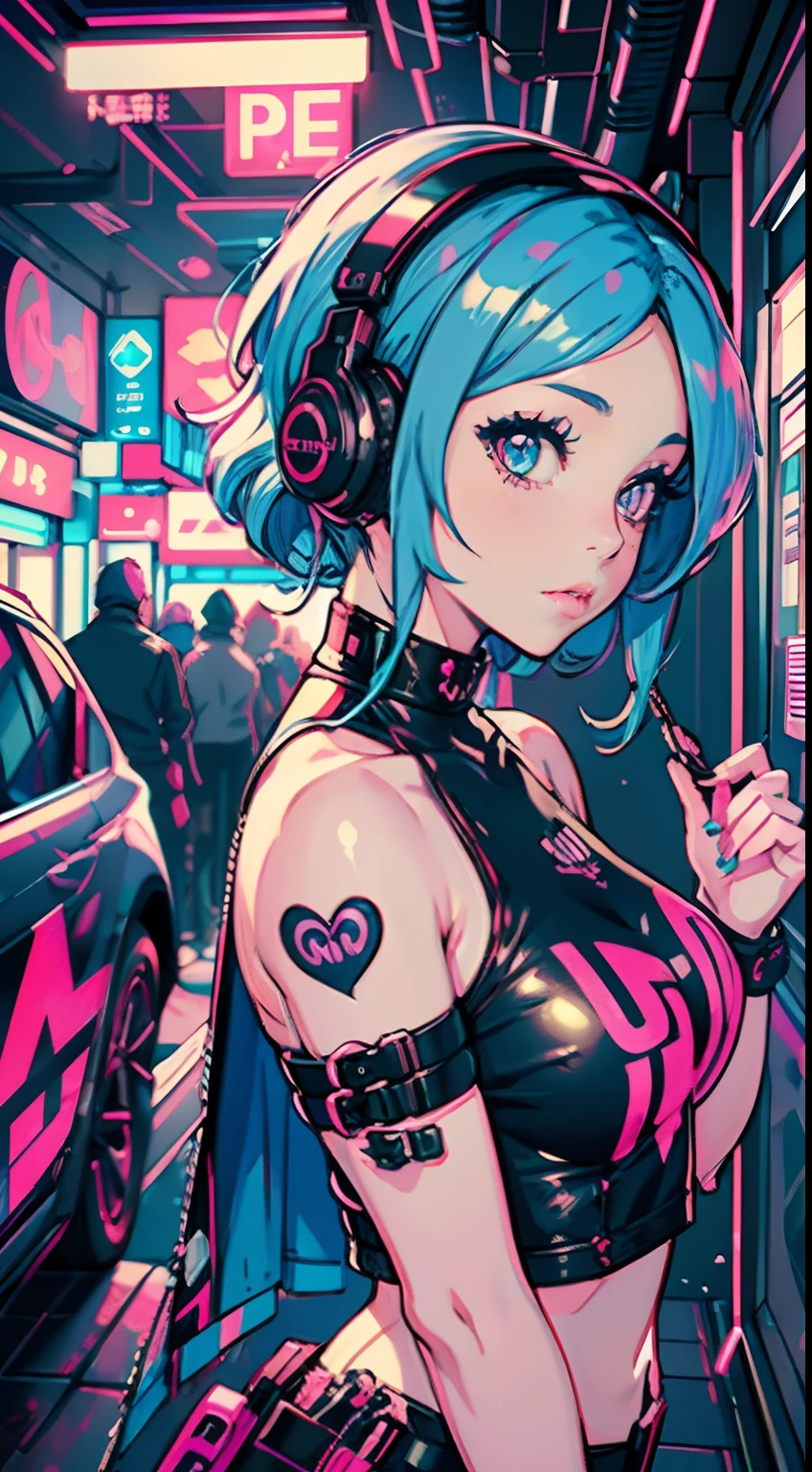 arafed girl with blue hair and headphones holding a pink toy, belle delphine, pastel goth aesthetic, gamer aesthetic, e - girl, e-girl, pastel goth, has cyberpunk style, aesthetic cyberpunk, cyber aesthetic, in cyberpunk style, in cyberpunk aesthetic, very aesthetic!!!!!!, twitch streamer, dreamy cyberpunk girl, 8 0 s anime vibe