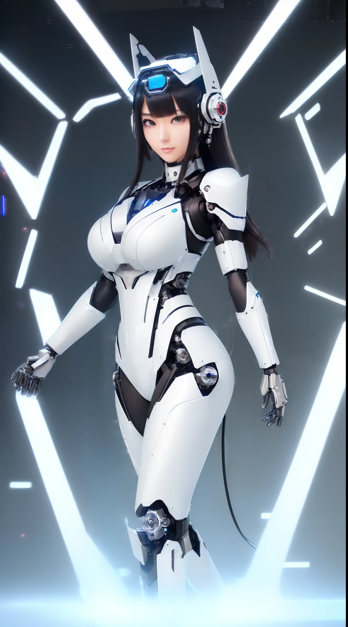 ((of the highest quality)), ((masutepiece)), (detail:1.4), Beautiful woman in mechanical white and gray-black cyber bodysuit, glowing blue-white with LEDs, ((Wide open chest)), Side , Skin of the hips and thighs, Ticker (High dynamic range), Ray tracing, NVIDIA RTX, Super Resolution, Subsurface Scattering PBR Texturing, Post-processing, Anisotropy Filtering, depth of fields, Surface Shading, Accurate simulation of light/Material Interactions, Perfect proportions, Two-tone lighting, Wide aperture, Low ISO, White Balance, 8 K students, low angles, (((Cameltoe))), NSFW, (((Tall Woman))), 25 year old woman, Cyber headgear with dull glowing LEDs, knee high, Bulge, Puffy nipple, underboob, Dull bangs Beautiful straight long hair, (((A MILF))), ((Cyber hood with dull glowing LEDs)), beautiful black straight hair, open stance, Armpits, Cowboy Shot, Skin of the hips and thighs, Natural pose, Beautiful body, Navel on bare skin, (Huge breasts: 1.2), (gargantuan butt: 1.0), Open legs, (low angles)), Simple and minimalistic space, natural poses, Looking down,