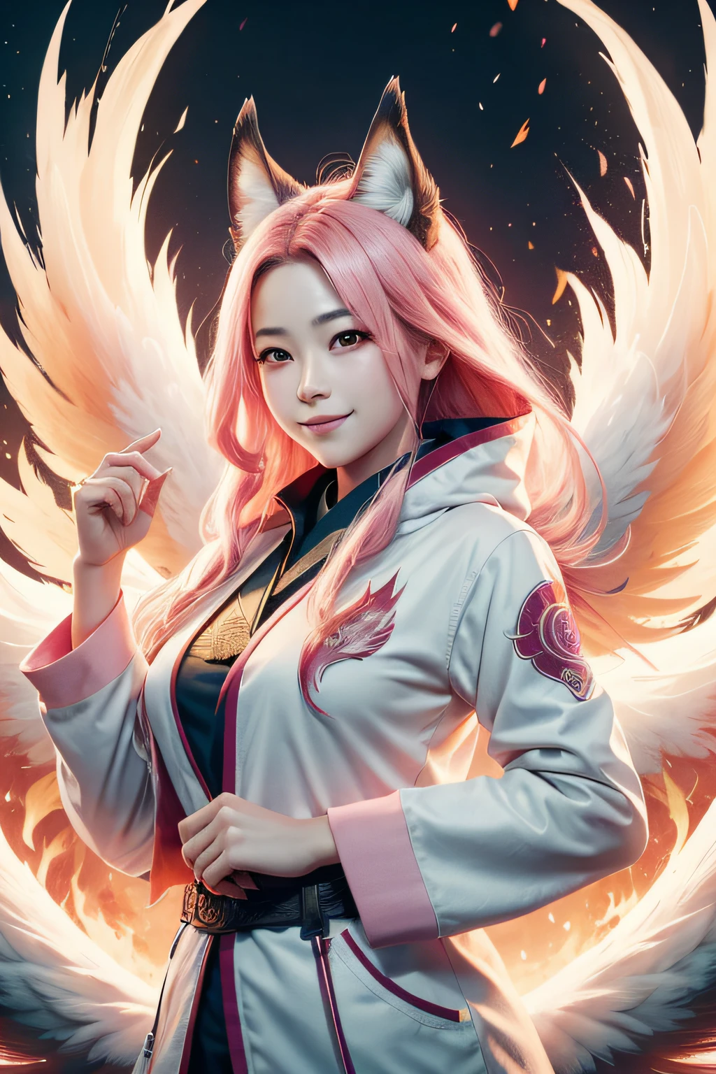 beautiful japanese young woman,Solo, Happy smiling official art, Unity 8k wallpaper, Ultra detailed, Beautiful and aesthetic, Beautiful, Masterpiece, Best quality, Kitsune witch, kitsune mask, Pink and white haori jacket, Foxfire spell, The fox is familiar, Transformation,Depth of field,