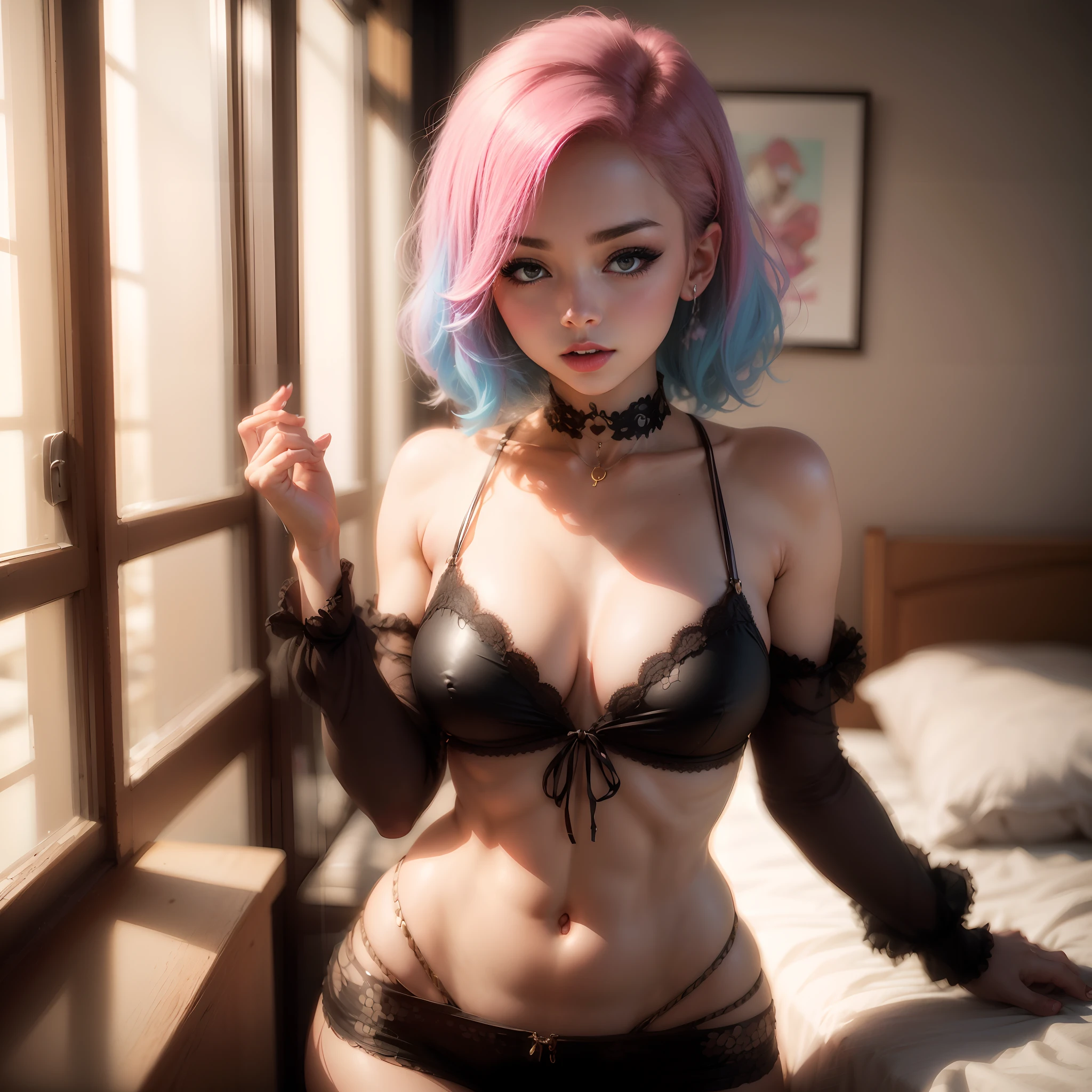 Slutty egirl in sexy pose, colored hair, internet entertainer, sultry, perky breasts, ite, youult, pastel colors, punk rock