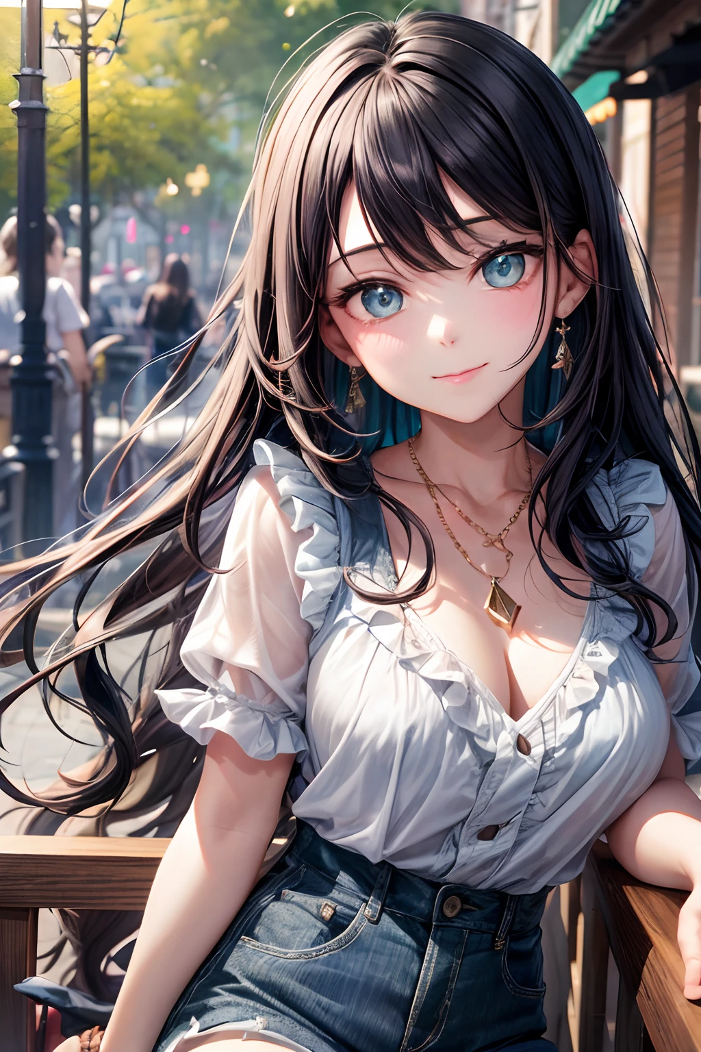 (hoang lap,hight resolution,Hyper-detailing,nffsw),tmasterpiece,best qualtiy,1girll ,Handsome,cabelos preto e longos,A detailed face,A dark-haired、Blouses with ruffles、cafe terrace,date、denim、Dimples、,Glorious glitter、Self-shot,lightsmile,(teal eyes)