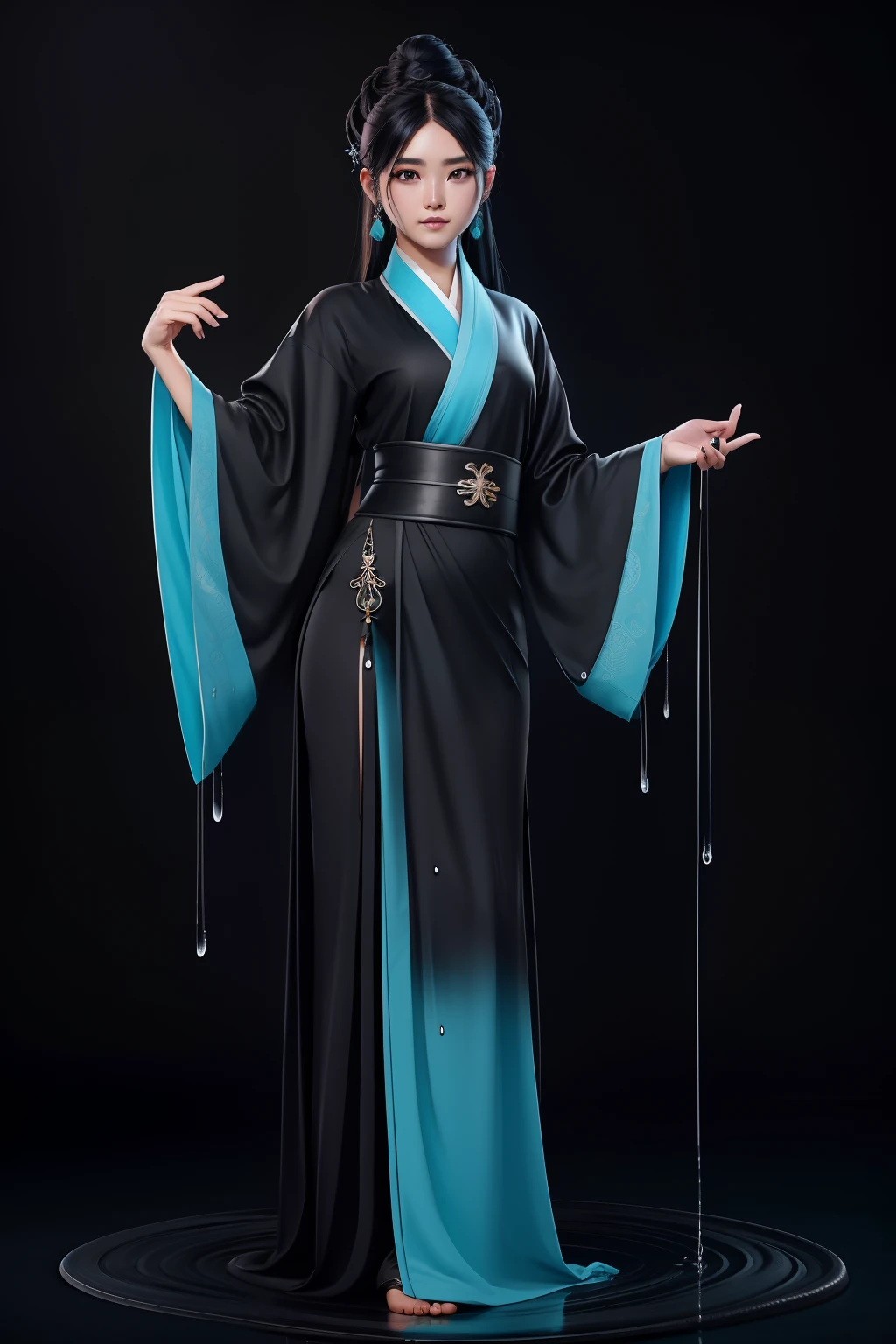cabelos preto e longos，Emo pin girl, Pure black background, striking a pose, natural make up. （Antique cyan Hanfu：1.5），The body is wet，crotch is wet，Water dripping on the body，Bigchest，Raised sexy，Charming