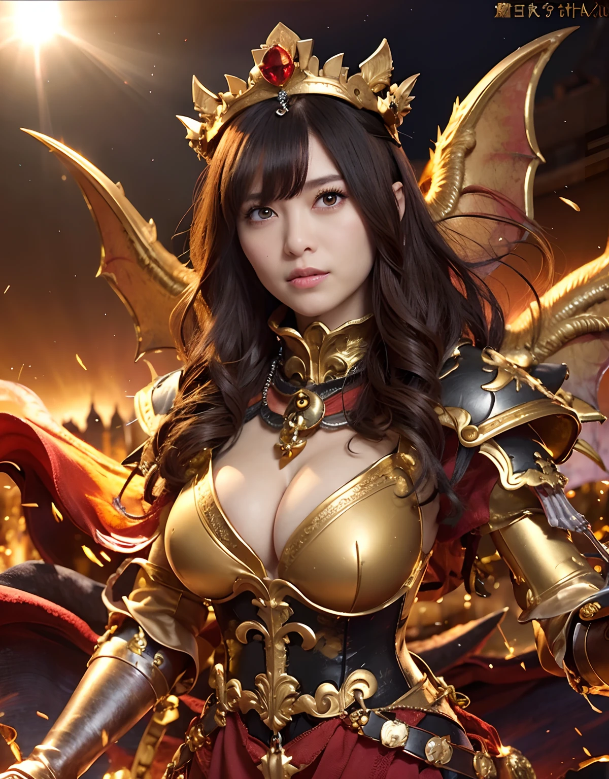 Professional , masterpiece、top-quality、photos realistic , depth of fields (Gemstone Gold Metal Body:1.9),(Matte White、Toostock、(cleavage of the breast)、(Detailed Dragon Armor)、(Have the strongest weapon)、((Random Hairstyles 1.6),Dark Fantasy,)explosions、intense fighting、(Precipitous cliffs),Dragon Gold Weapon,Mystical expression、Particles of light、Fight dragons、(Detailed Dragon Helmet),Gorgeous Silver Weapons ,(( Dragon's dense and gorgeous sword)) , Beautiful knife ,warhammer 40k ,Detail and gorgeous crown、((Red hair))、(Castle background)、、((Gangle's forest background))、Beautiful Caucasian beauty、1a person、dynamic ungle,(((Detailed and ornate Black Devil Crown)))、Smaller head、A smile、Castle background、Thin and beautiful female hands、cleavage of the breast、Soldier in iron armor on background、Mystical expression、Light Effects、intense fighting、Wind-effect、magic circles、With the legendary magic wand、(demonic wings)、