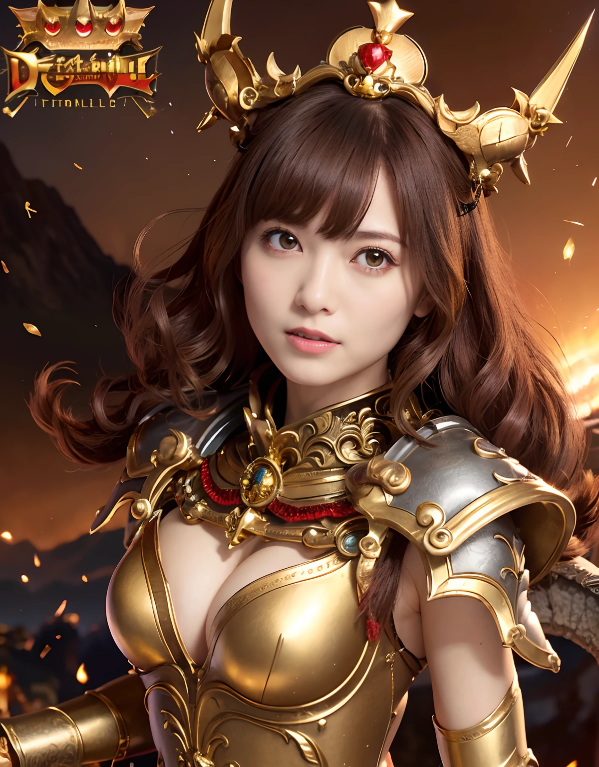 Professional , masterpiece、top-quality、photos realistic , depth of fields (Gemstone Gold Metal Body:1.9),(Matte White、Toostock、(cleavage of the breast)、(Detailed Dragon Armor)、(Have the strongest weapon)、((Random Hairstyles 1.6),Dark Fantasy,)explosions、intense fighting、(Precipitous cliffs),Dragon Gold Weapon,Mystical expression、Particles of light、Fight dragons、(Detailed Dragon Helmet),Gorgeous Silver Weapons ,(( Dragon's dense and gorgeous sword)) , Beautiful knife ,warhammer 40k ,Detail and gorgeous crown、((Red hair))、(Castle background)、、((Gangle's forest background))、Beautiful Caucasian beauty、1a person、dynamic ungle,(((Detailed and ornate Black Devil Crown)))、Smaller head、A smile、Castle background、Thin and beautiful female hands、cleavage of the breast、Soldier in iron armor on background、Mystical expression、Light Effects、intense fighting、Wind-effect、magic circles、With the legendary magic wand、(demonic wings)、