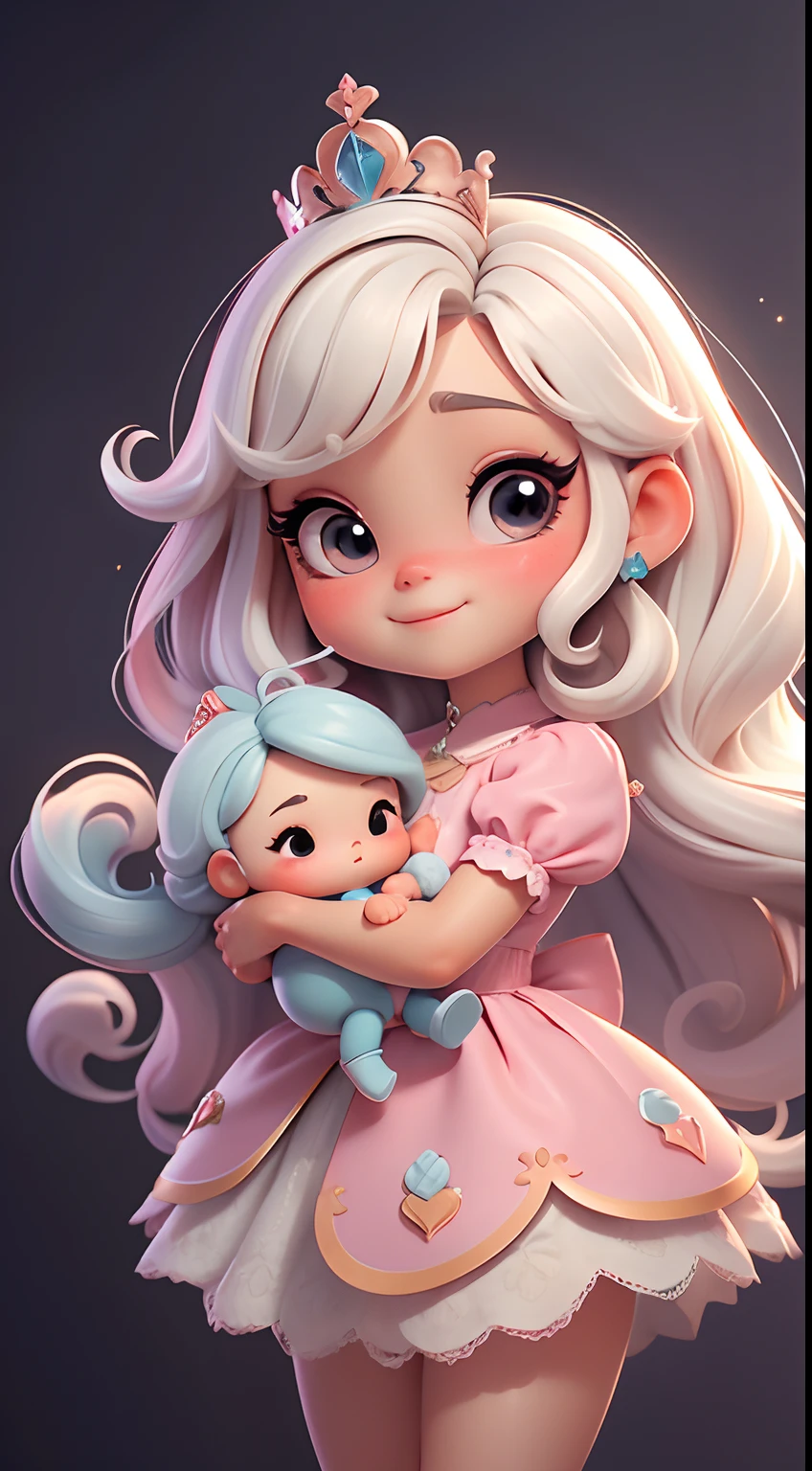 Create a series of cute style chibi dolls with a cute reign theme, each with lots of detail and in an 8K resolution. All dolls should follow the same solid background pattern and be complete in the image, mostrando o (corpo inteiro, incluindo as pernas: 1.5)
Boneca Mini princesa: Chame-a de Marina. Ela deve ter cabelos longos. Seus olhos devem ser grandes e expressivos, with long eyelashes and rosy cheeks. Sorriso delicado e branco. modern accessories. Marina deve estar vestida com um vestido detalhado. She must carry princess accessories. Certifique-se de adicionar detalhes nas roupas, como saias e brilho, sapatilha bonito
Certifique-se de adicionar sombras, texturas e detalhes nos cabelos, roupas, Princess utensils, to make them even more adorable and charming.