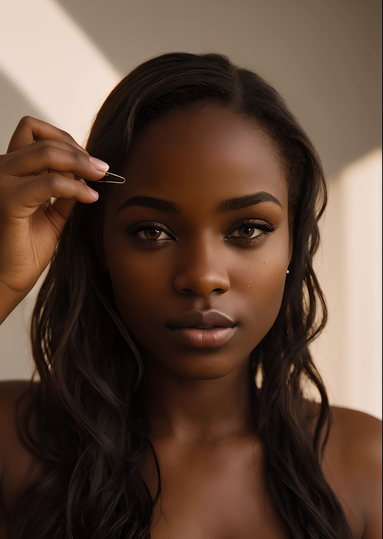 Capture a mesmerizing medium-range selfie of a young and stunning African-American woman using an iPhone camera. Emphasize the artistic aspect with ombre lighting at a factor of 1.3, casting an enchanting aura on her unique beauty. Pay attention to every detail, incorporating a film grain effect to add character and depth to the image, while maintaining a medium quality that enhances its charm. This image should exude a captivating essence, perfectly showcasing the beauty of this young woman.