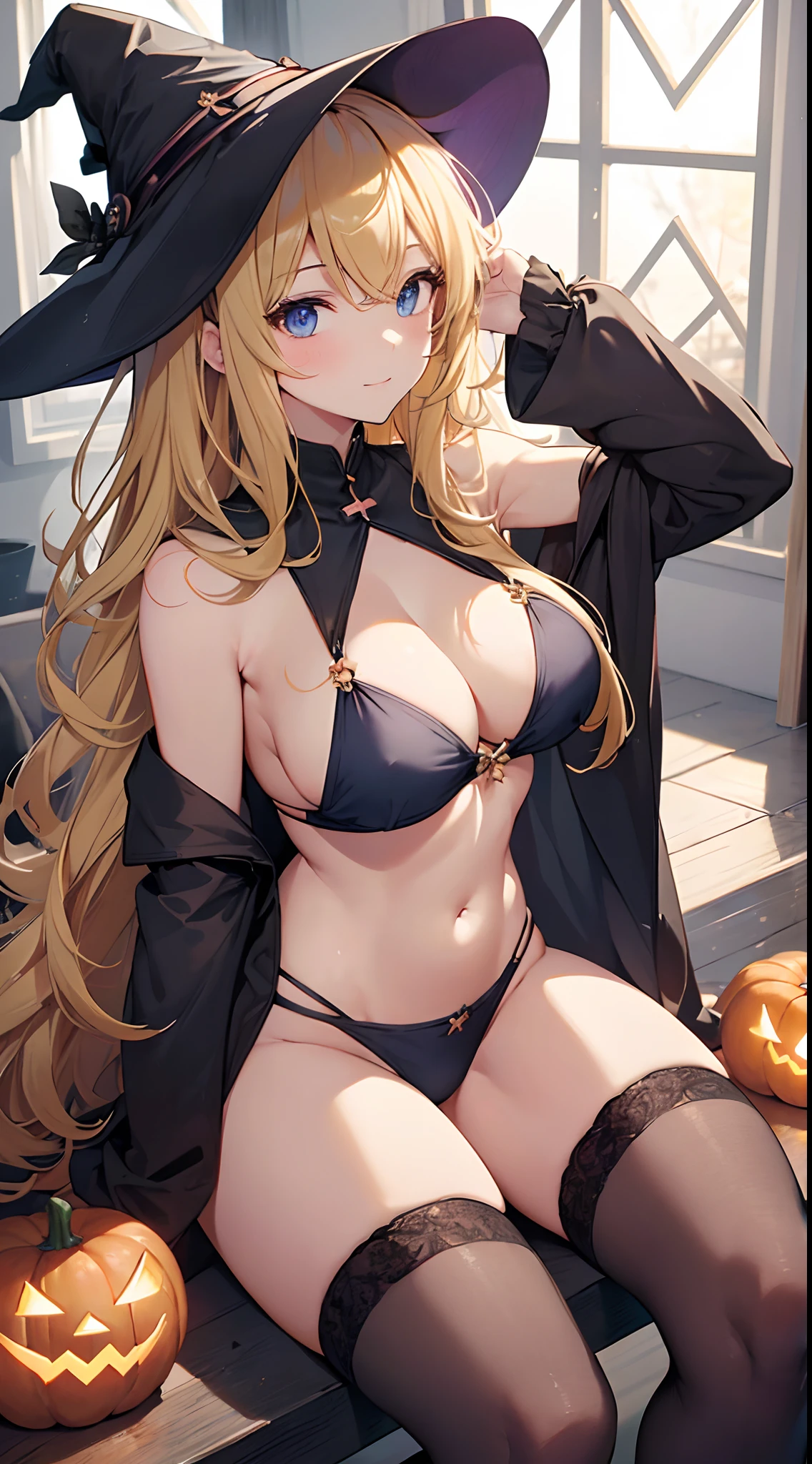 high-level image quality、top-quality、Beautuful Women、1 persons、ssmile、embarassed expression、pony tail hair、swim wears、knee high、Halloween Party、Halloween Cosplay、cinematlic lighting、Beautiful and perfect legs, Clean and perfect hands、Lots of jack-o'-lanterns,large full breasts, ((1 Beautiful Witch)), ((Blonde hair, long wavy hair with bangs,,,,,,,)) (((1 witch, Soio))) )) ((20yr old)) blue eyes, Have a very sexy body, Full chest and narrow waist, And a very sexy body,